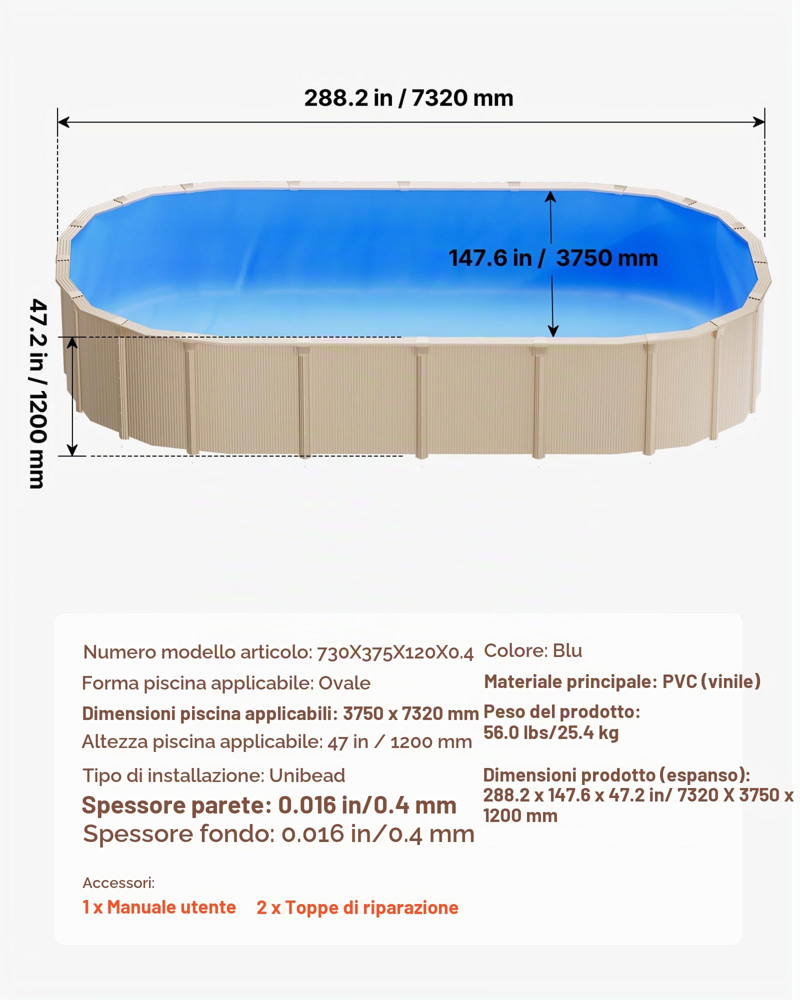 VEVOR Liner per Piscina Ovale 375 x 732 cm con Bordo a Incastro, Rivestimento Interno per Piscina Fuori Terra, Pellicola in Vinile Resistente, Altezza Parete 120 cm, con Toppe di Riparazione, Blu