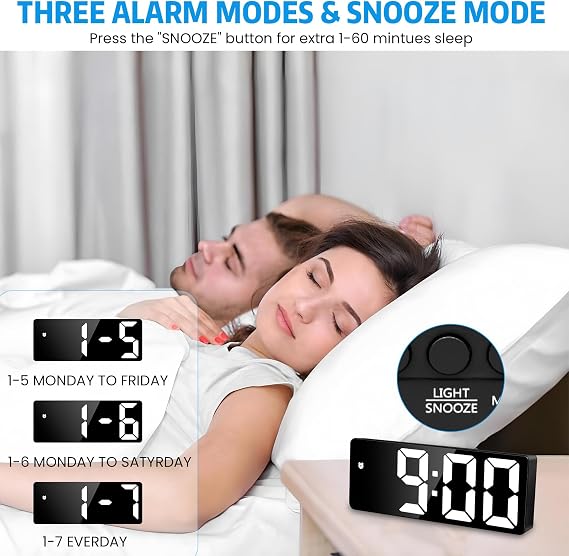 Alarm Clock, Digital Clock, LED Digital Alarm Clock with Time, Date, Temperature, Snooze Function, Brightness, Adjustable Alarm Clock, Children for Home, Bedroom, Office, White Light