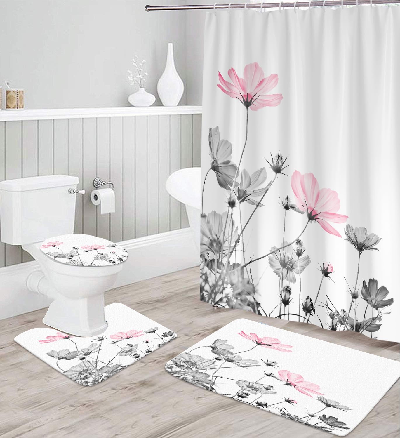 Pink Gray Shower Curtain Set 4Pcs Daisy Floral Spring Grey Flower White Background Wildflower Botanical Bathroom Decor Toilet Lid Cover U Shaped Mat Non-Slip Rug Fabric Polyester 60x72 Inch