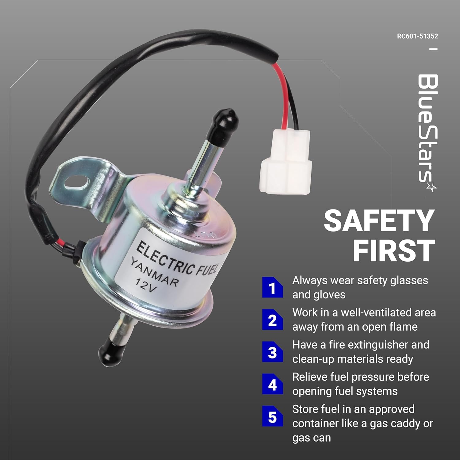 BlueStars RC601-51352 Fuel Pump - Compatible with Kubota M108 BX2350 BX2360 BX23 BX24 BX1500 BX2660 G2160 G2160AU GF1800 G1900 Tractors ZD18 ZD21 ZD323 ZD326P F2560 F2260 Mowers R420 R520 Loaders 12V