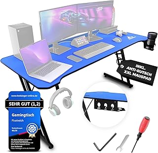 Gaming Tisch 160x70 – Schreibtisch mit XXL Mauspad & Kabelmanagementsystem – für PC Zocker & Gamer | Blau