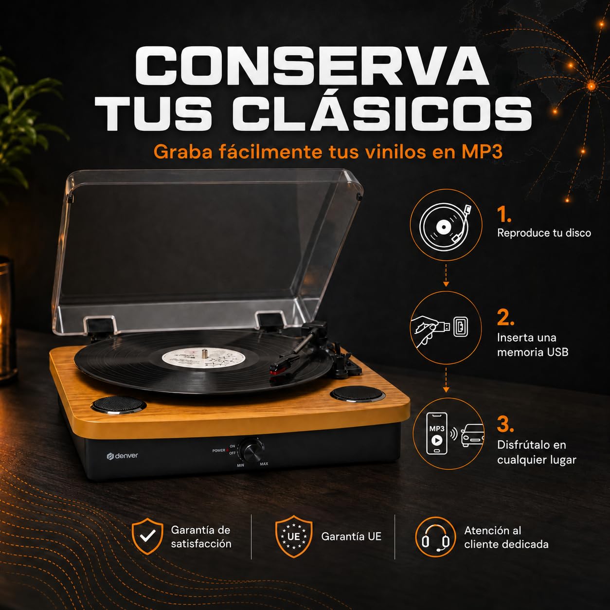 Denver VPL-230LW Tocadiscos Bluetooth, 3 velocidades 33/45/78 RPM, Altavoces Integrados, USB/SD MP3, Salida Phono, Madera Clara