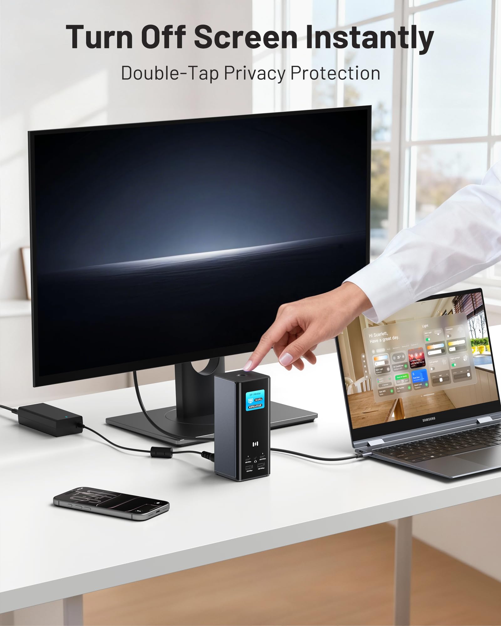 Selore Stacja dokująca USB C, 18 w 1, do 3 monitorów z 3 HDMI, Dual DP, 10 Gbit/s USB A/C, Gigabit Ethernet, SD/TF, audio, inteligentny wyświetlacz, moc 150 W DC do laptopa