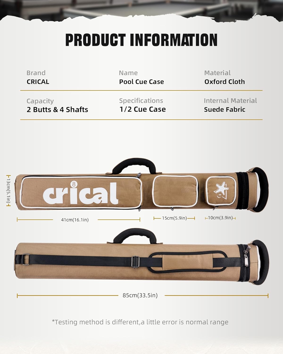 CRICAL Pool Cue Case 2x4 Hard Pool Stick Case Holds 2 Butts and 4 Shafts for Adults Billiard Cue Case with Soft Shoulder Straps