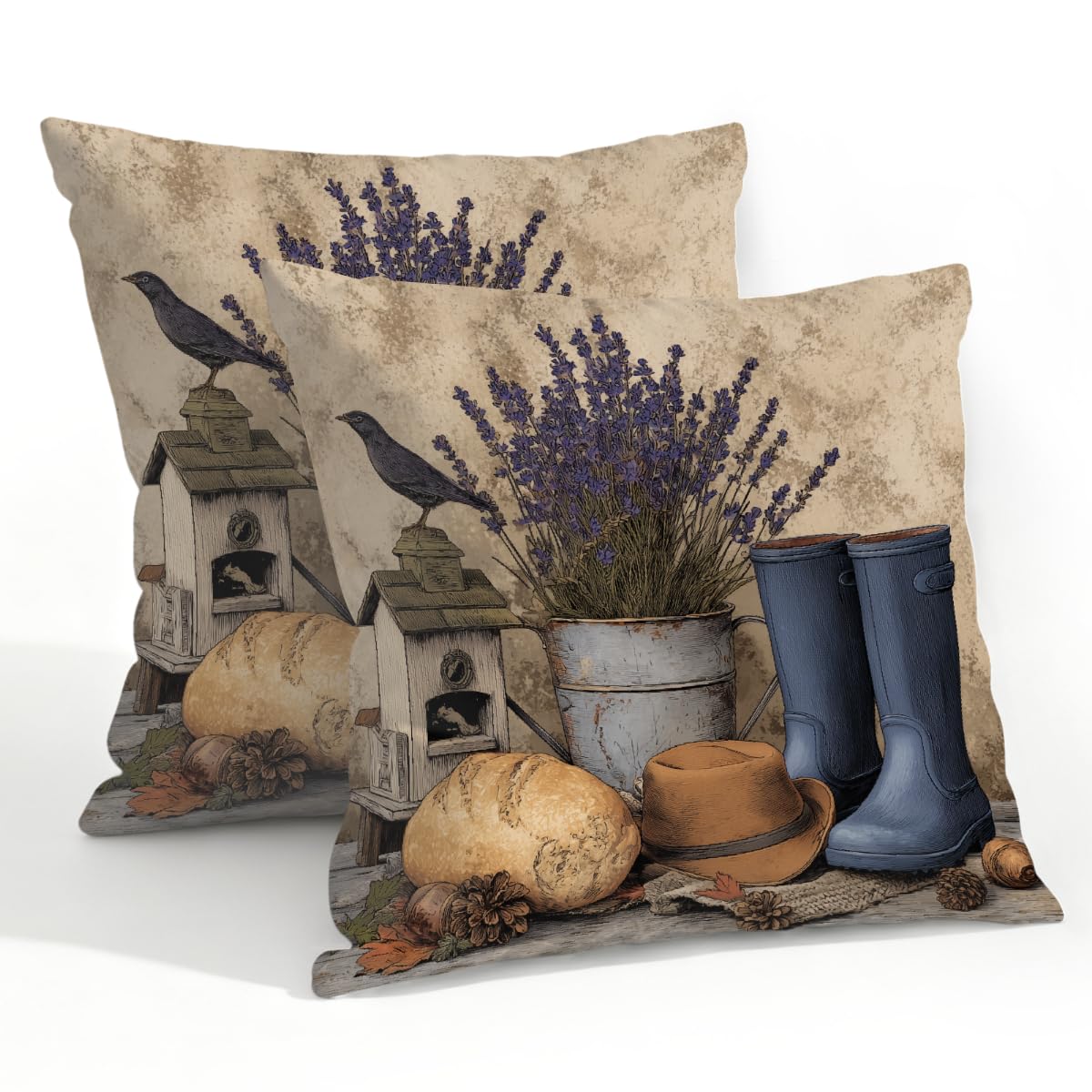 Outdoor Pillow Covers Waterproof Pillowcases 22x22in Set of 2 Rustic Farmhouse Western Lavender Bird Decorative Throw Cushion Case for Couch Sofa Garden Patio Furniture
