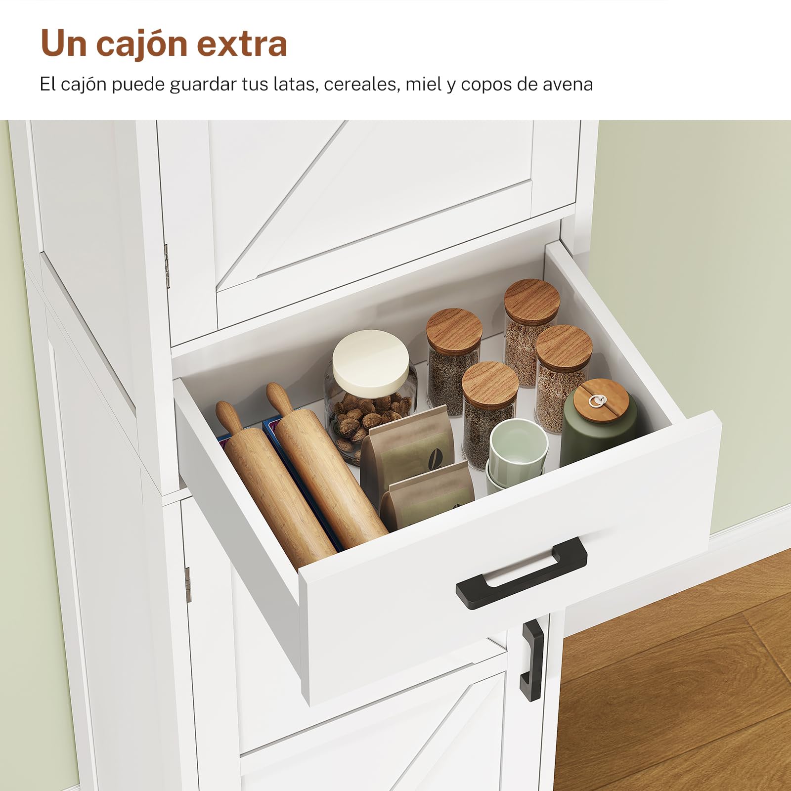 TEENFON Alacena de Cocina Alta y Despensa, Armario Multiusos con 2 Puertas, 1 Cajón y Estantes Ajustables, Aparador y Mueble de Baño para Cocina, Salón, Baño, 170 x 40 x 30 cm, Blanco