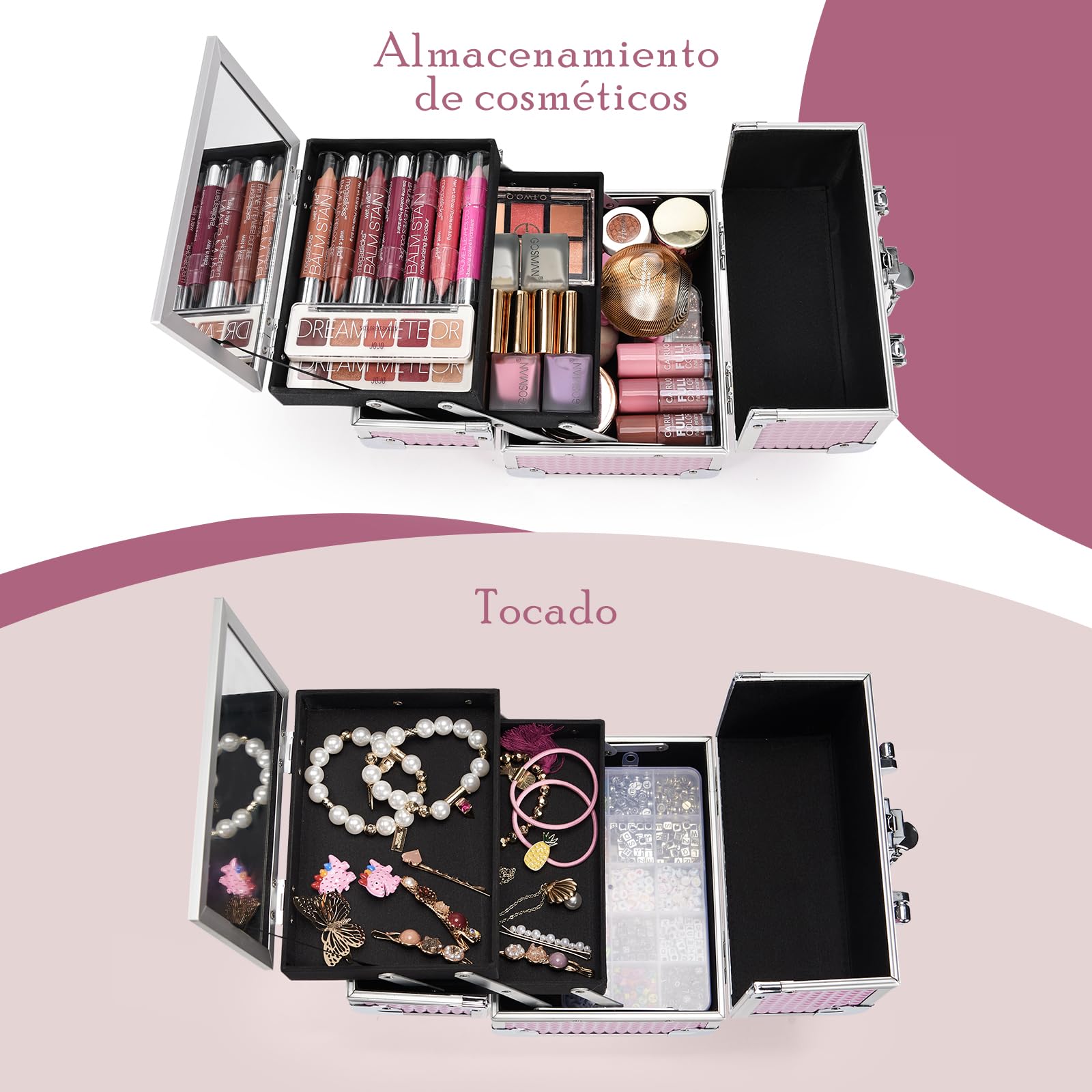 Maletín Maquillaje Rosa Estuche Maquillaje Caja Maquillaje Cosméticos Vacío Profesional con Espejo y Cerradura 19.5x15x16cm Regalos para Mujeres,Rosa