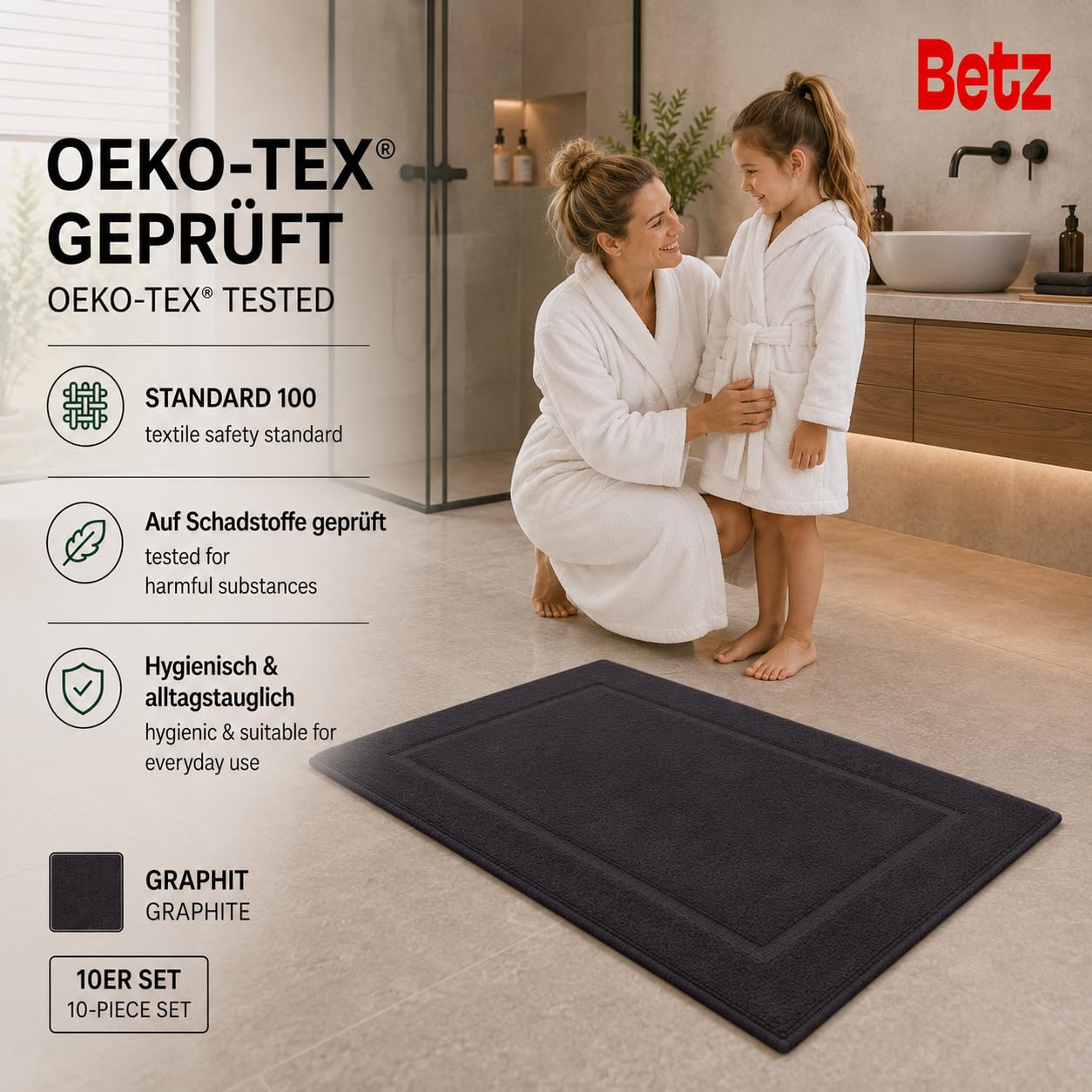 Betz 10 mat łazienkowych rozmiar premium szer. 50 x dł. 70 cm 100% bawełna jakość 650 g/m² kolor grafitowy