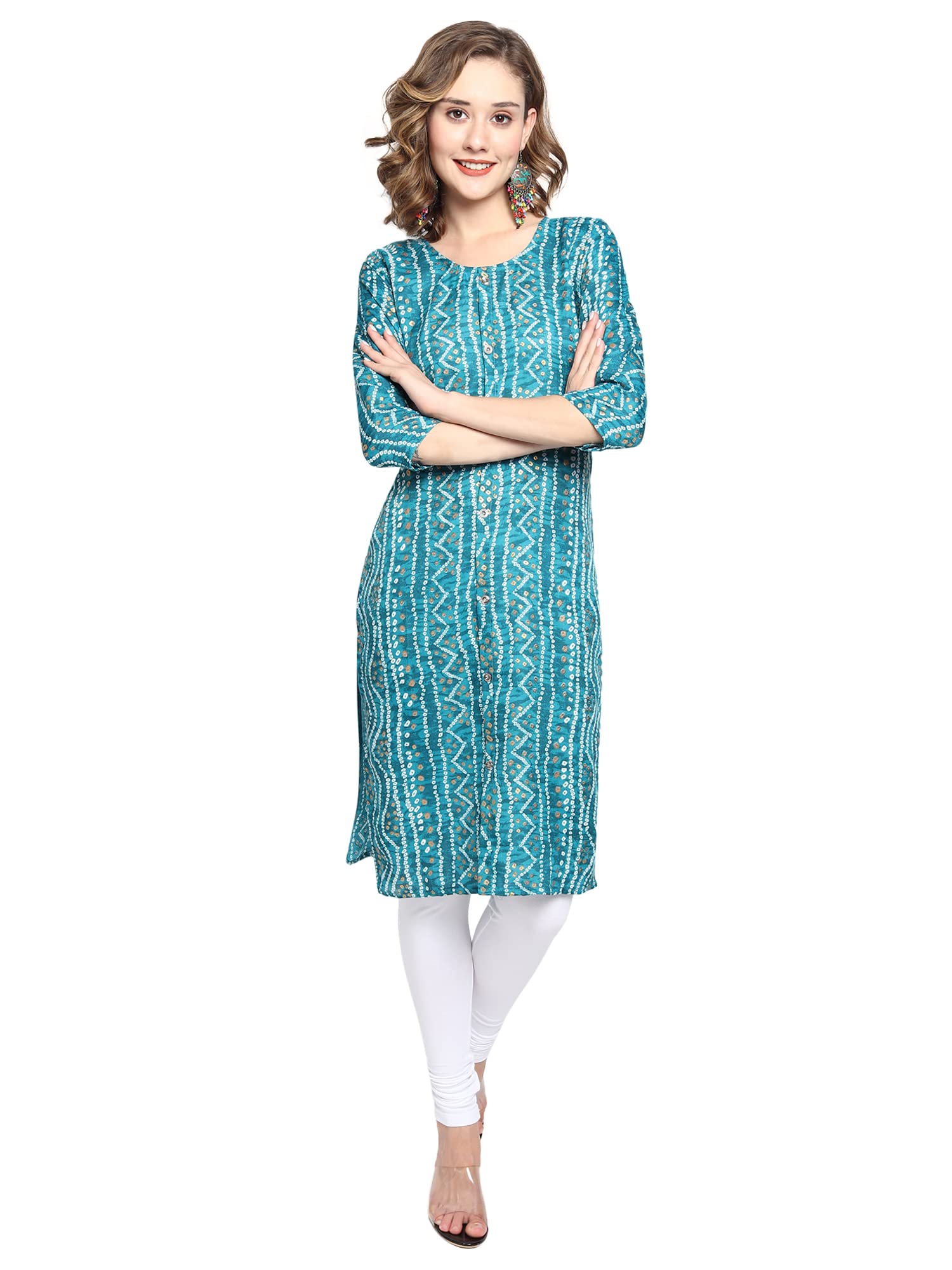 KB CREATION Womens Casual Regular Cotton Straight/A-line Bandhani Printed 3/4 Sleeves Kurti (M-XXL Sizes)
