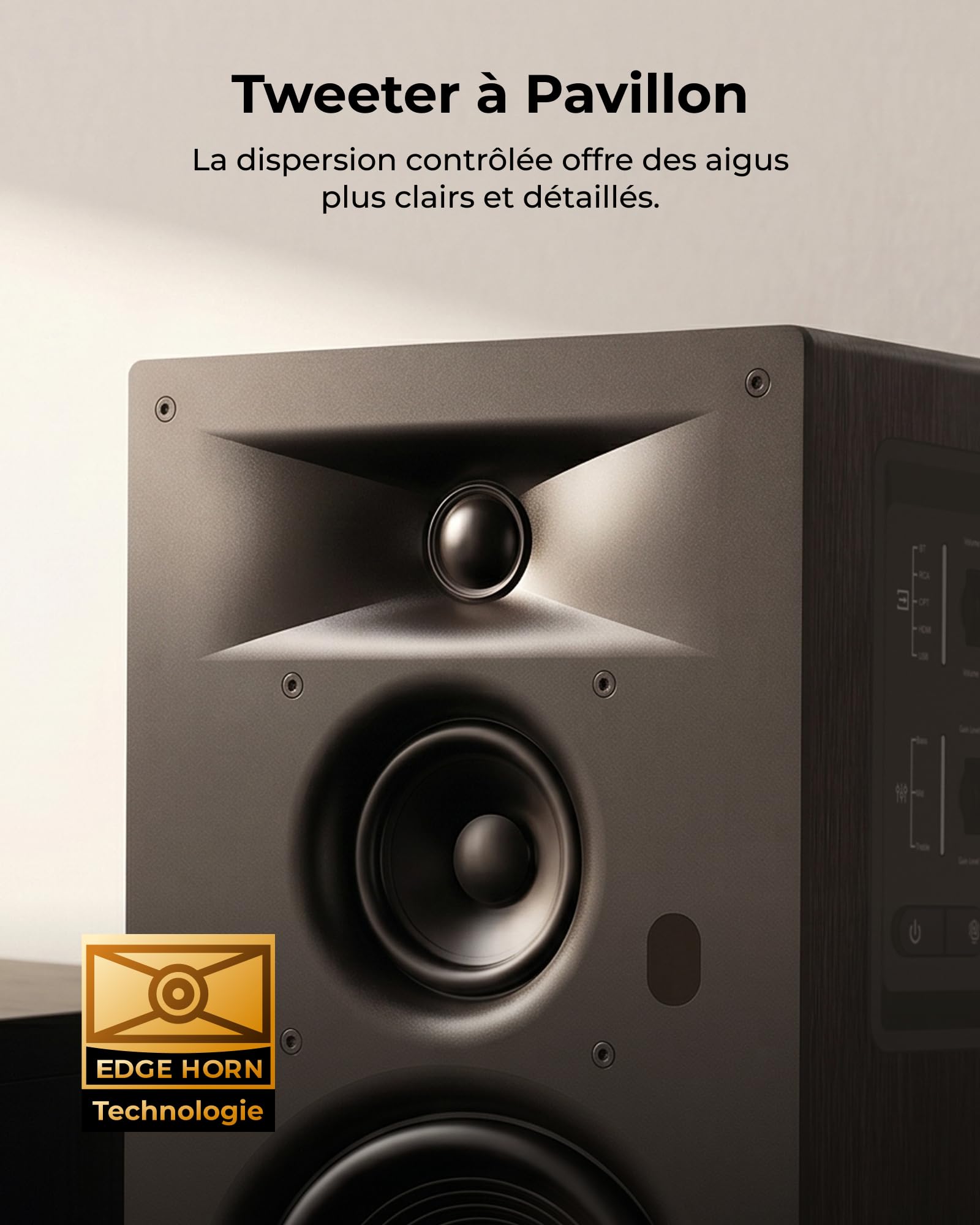 ULTIMEA Enceintes Bibliothèque Actives 3 Voies avec Woofer 5,25'', 70W RMS, App, Edge Horn & BassMX, Sortie SUB & HDMI Arc pour Home Cinéma, PC, Bluetooth 6.0, Auracast, Design sans Grille, BS-3