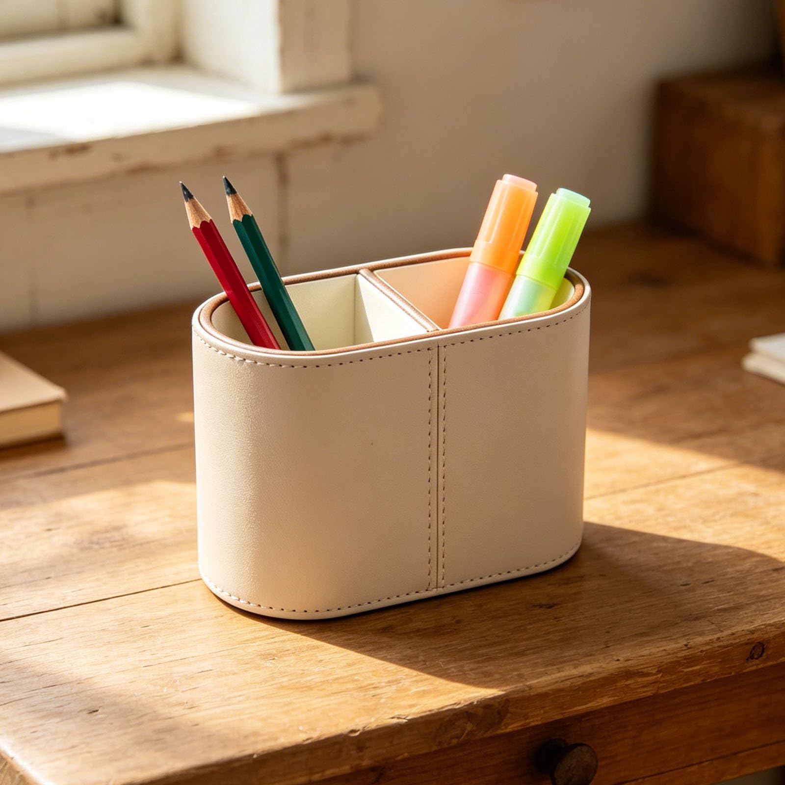 Portalápices con 2 compartimentos - Soporte para bolígrafos de cuero sintético - Organizador de escritorio para mandos a distancia, brochas de maquillaje, material de oficina, dormitorio