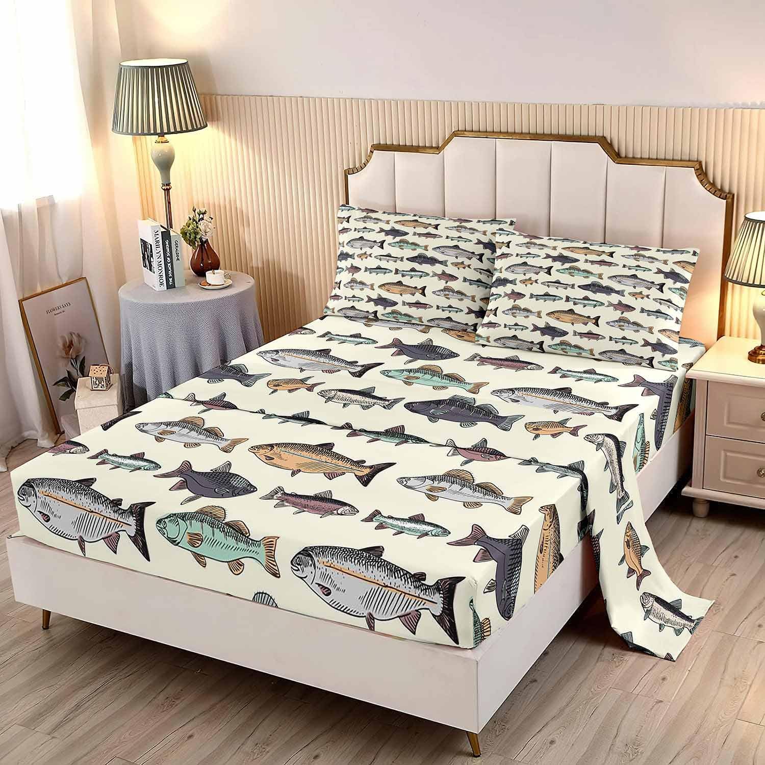 LUVIVIHOME 4PCS Fishing Sheets Set, Twin Bed Sheets, Hunting Lodge Country Rustic Farmhouse Pike Bass Fish Bedding, Fishing Gifts for Men Teen Boys, 1 Fitted Sheet & 1 Flat Sheet with 2 Pillowcases - Image 3