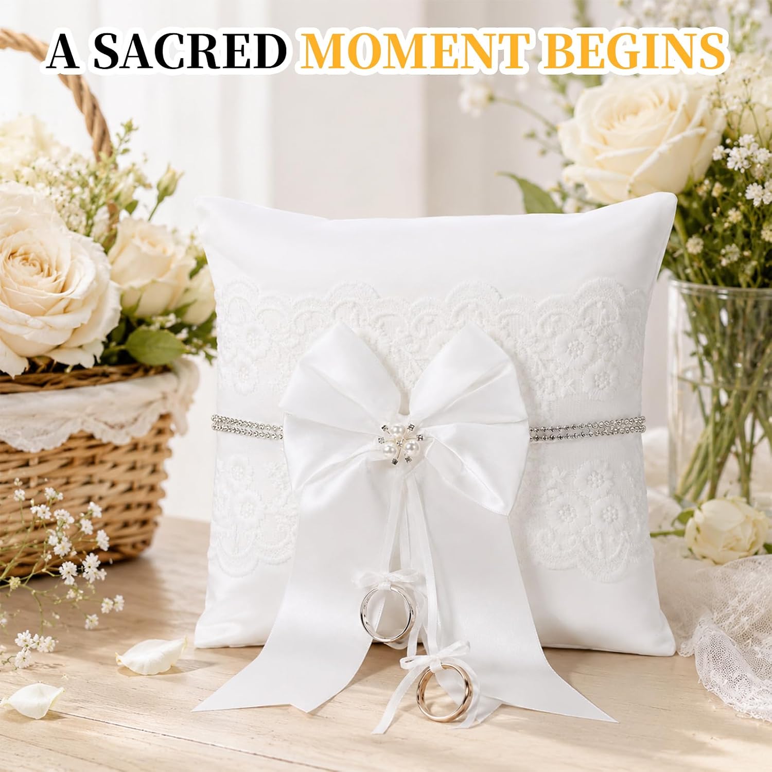 JJUNW Wedding Ring Pillow, Ivory Ring Bearer Pillow,with Lace & Pearl Bow Ring Bearer Holder for Wedding Party Ceremony