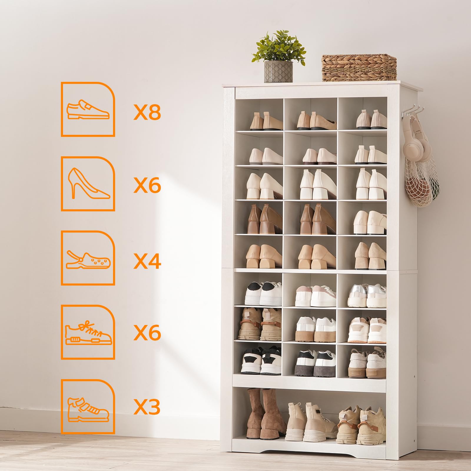 HOOBRO Zapatero Alto, Armario de Zapatos de 9 Niveles, Mueble para Zapatos Independiente con 24 Compartimentos y 3 Ganchos, para Entrada, Guardarropa, Sala de Estar, Blanco EWT24SC01