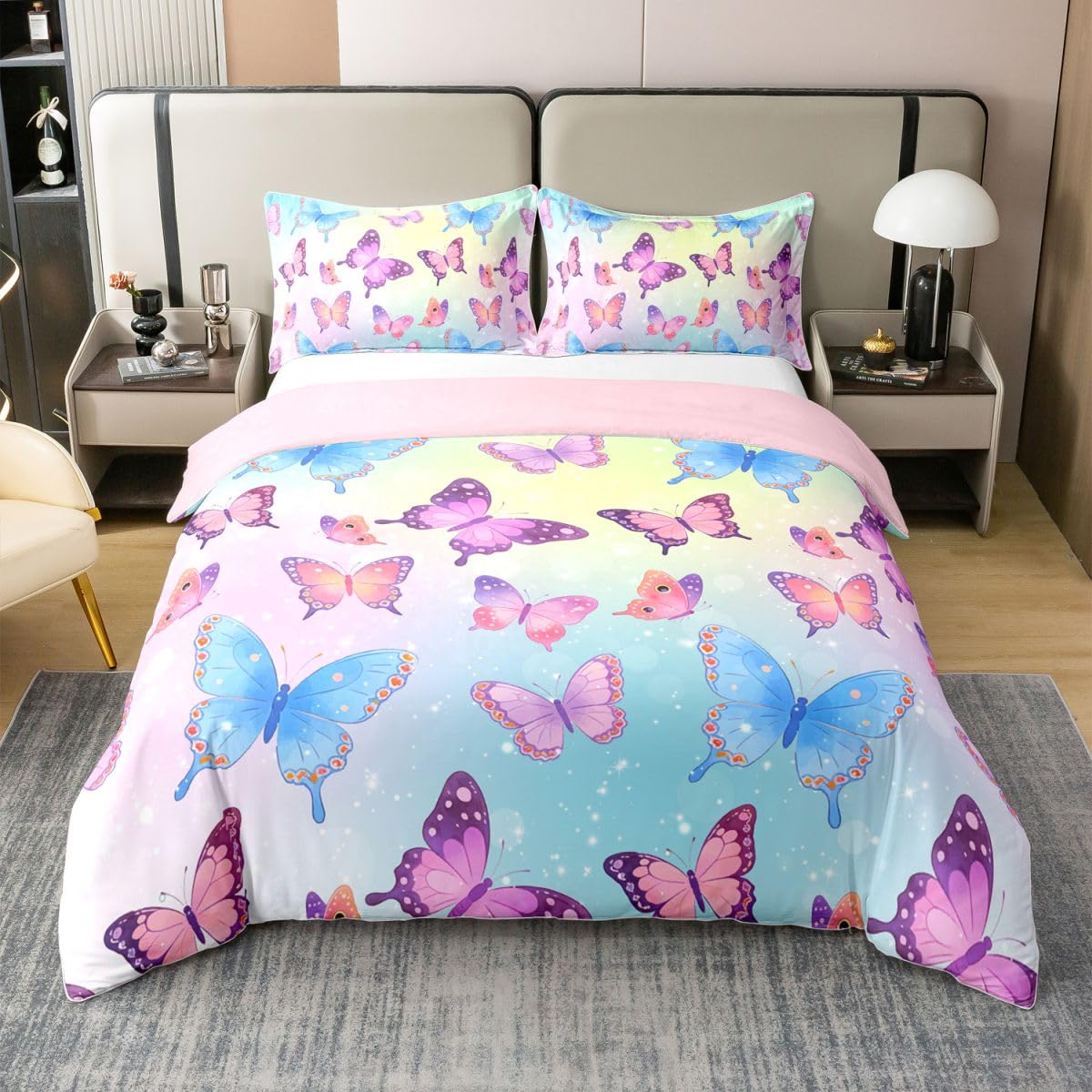 Homewish Król motyli zestawy poszewek na kołdrę dla dzieci nastolatków dorosłych, niebieski fioletowy motyl bawełna pościel elegancka poszewka na kołdrę z motywem dzikiej przyrody gradientowy
