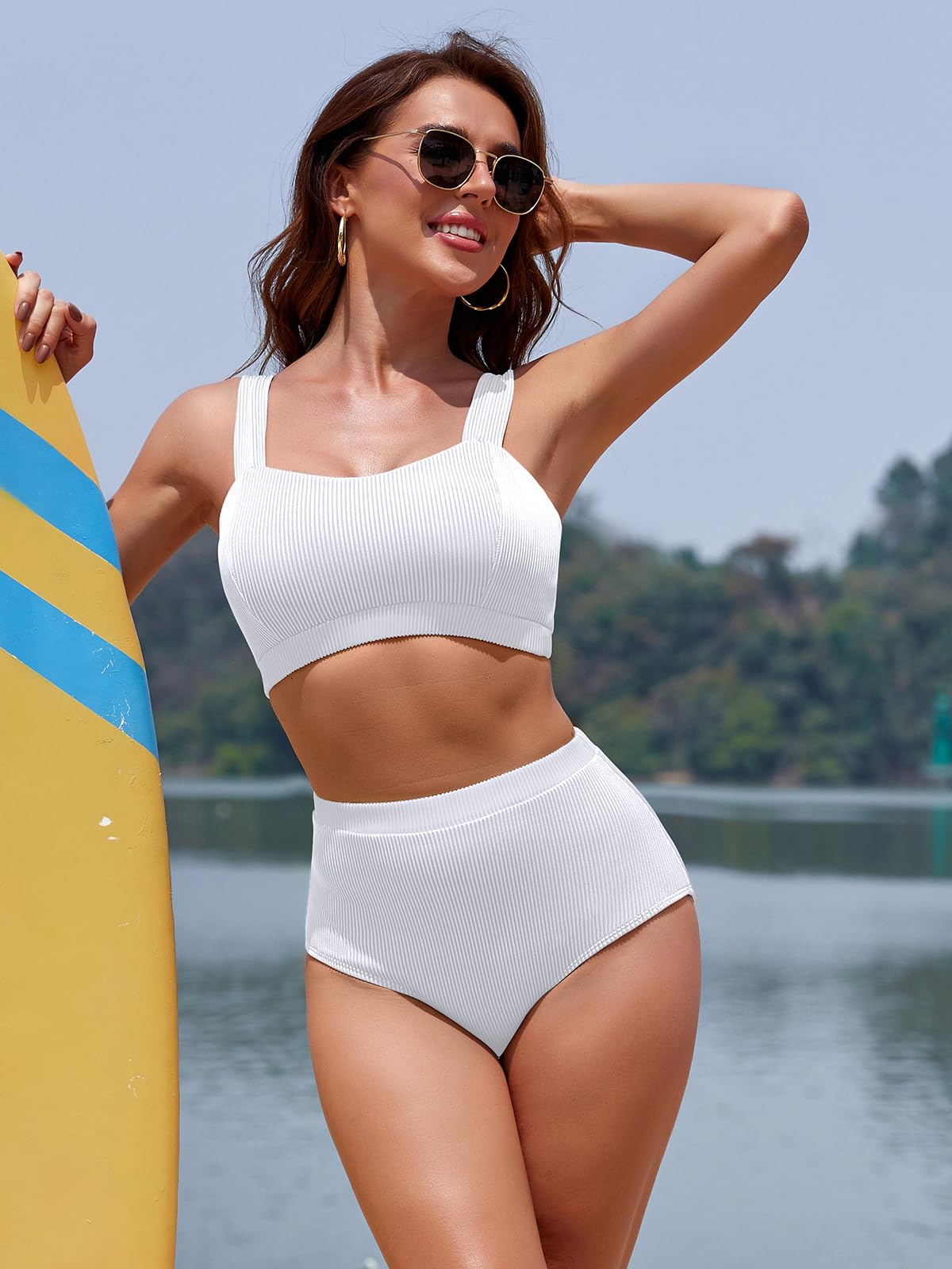 SHEKINI Maillot de Bain 2 pièces côtelées pour Femmes Décolleté en cœur Maillot de Bain Taille Haute