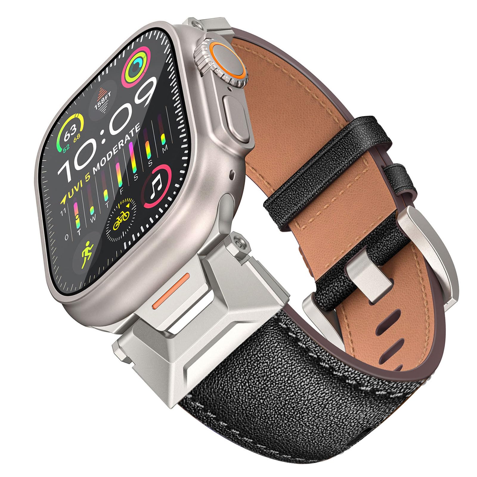 DAMAFE Genuine Leather Band,Compatible with Apple Watch Ultra 2 / Ultra Band 49mm 45mm 44mm 42mm Men Women, Durable Metal Connector for iWatch Ultra Series 9 8 7 6 5 4 3 2 1 SE (49mm/45mm/44mm/42mm,