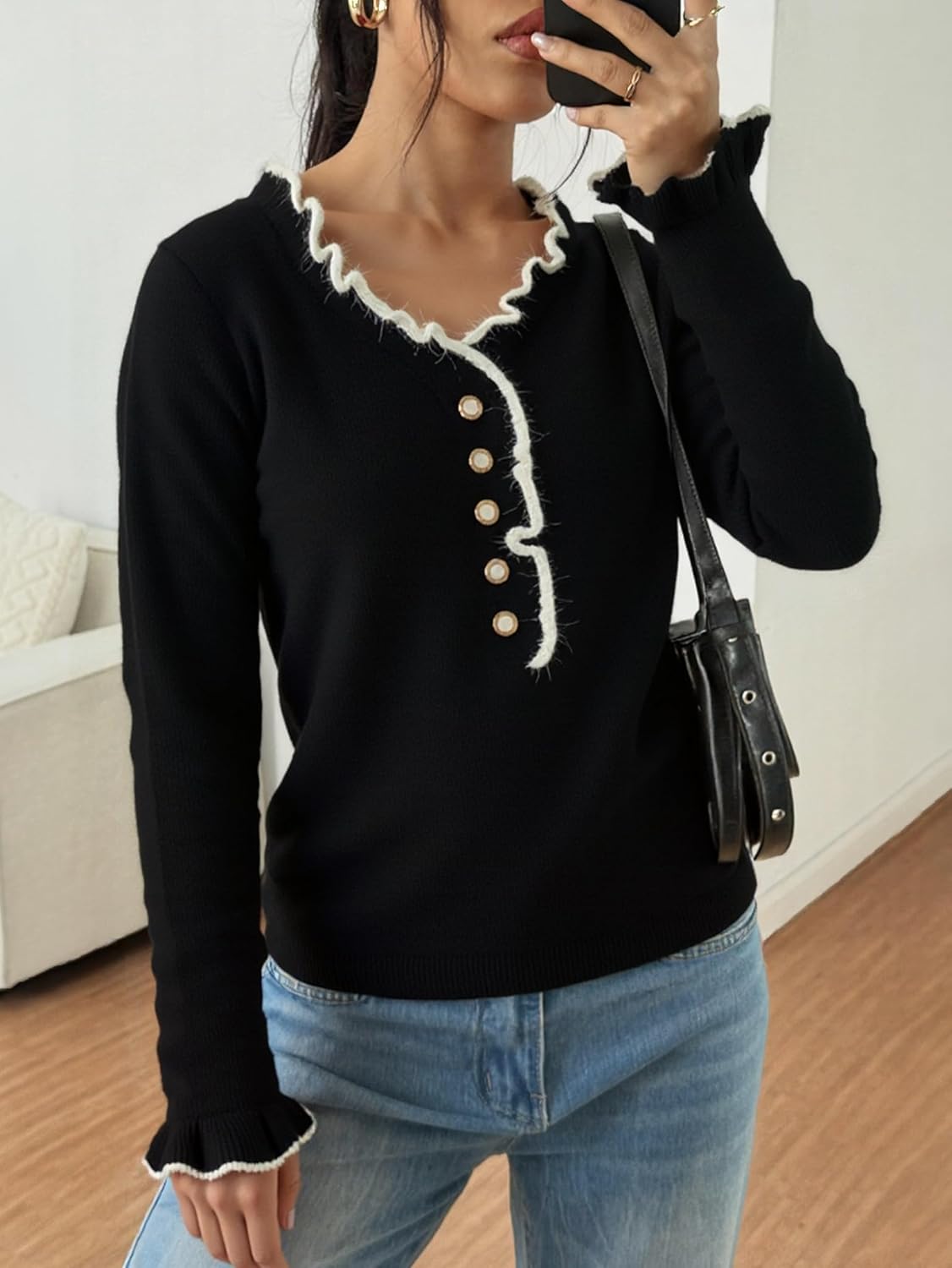 ZAFUL Womens Long Sleeve V Neck Sweater Pearl Button Ruffle Trim Knitted Elegant and Comfortable Pullover Tops - Image 2