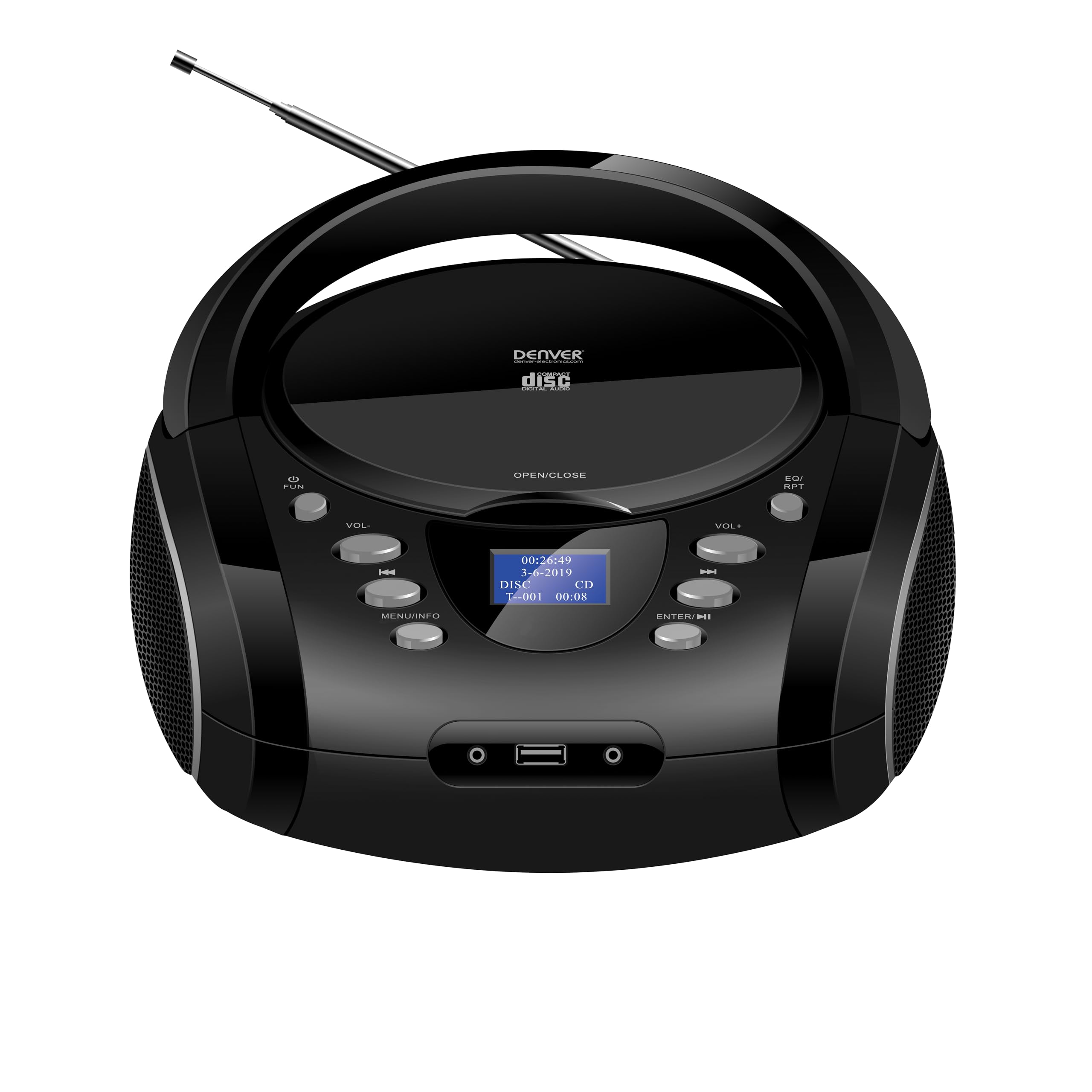 Denver TDB-10 DAB+ Boombox mit FM-Radio, CD-Player, Bluetooth, USB, AUX-Eingang, Weckerfunktion, 2 x 1.8W RMS, LCD-Anzeige