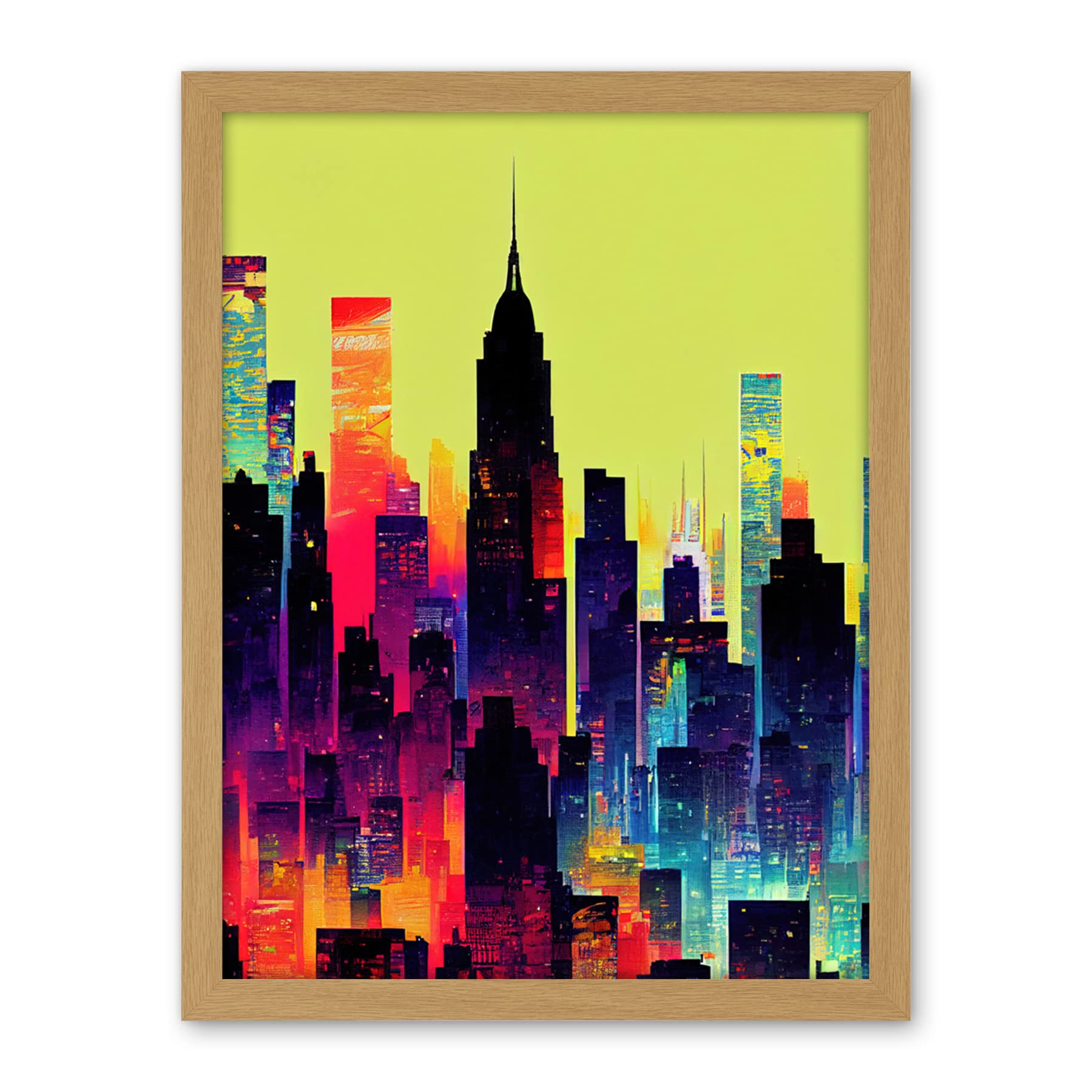 Wee Blue Coo New York Vibrant Multi Coloured Graphic Design Skyscraper Cityscape Silhouette Artwork Framed Wall Art Print 18X24 Inch