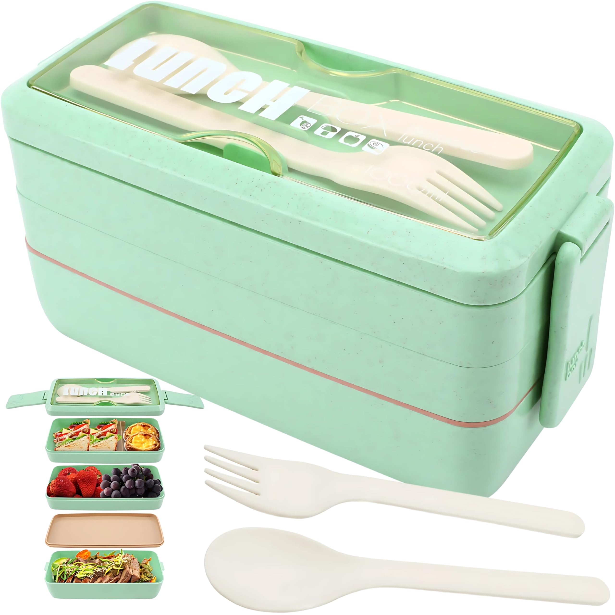 Senshi Japan Meal Prep Container Reusable 3 meals in 1 With Fork & Spoon Lids, Microwave Safe, 3 Compartment Bento Box