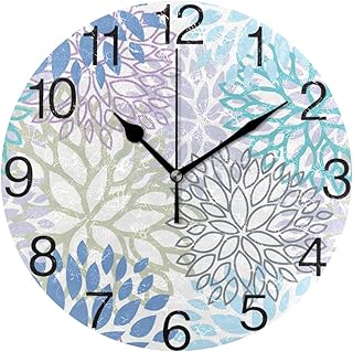 White Dahlia Round Wall Clock, Silent Non Ticking Oil Painting Decorative for Home Office School Clock Art, Blue Grey And Purple
