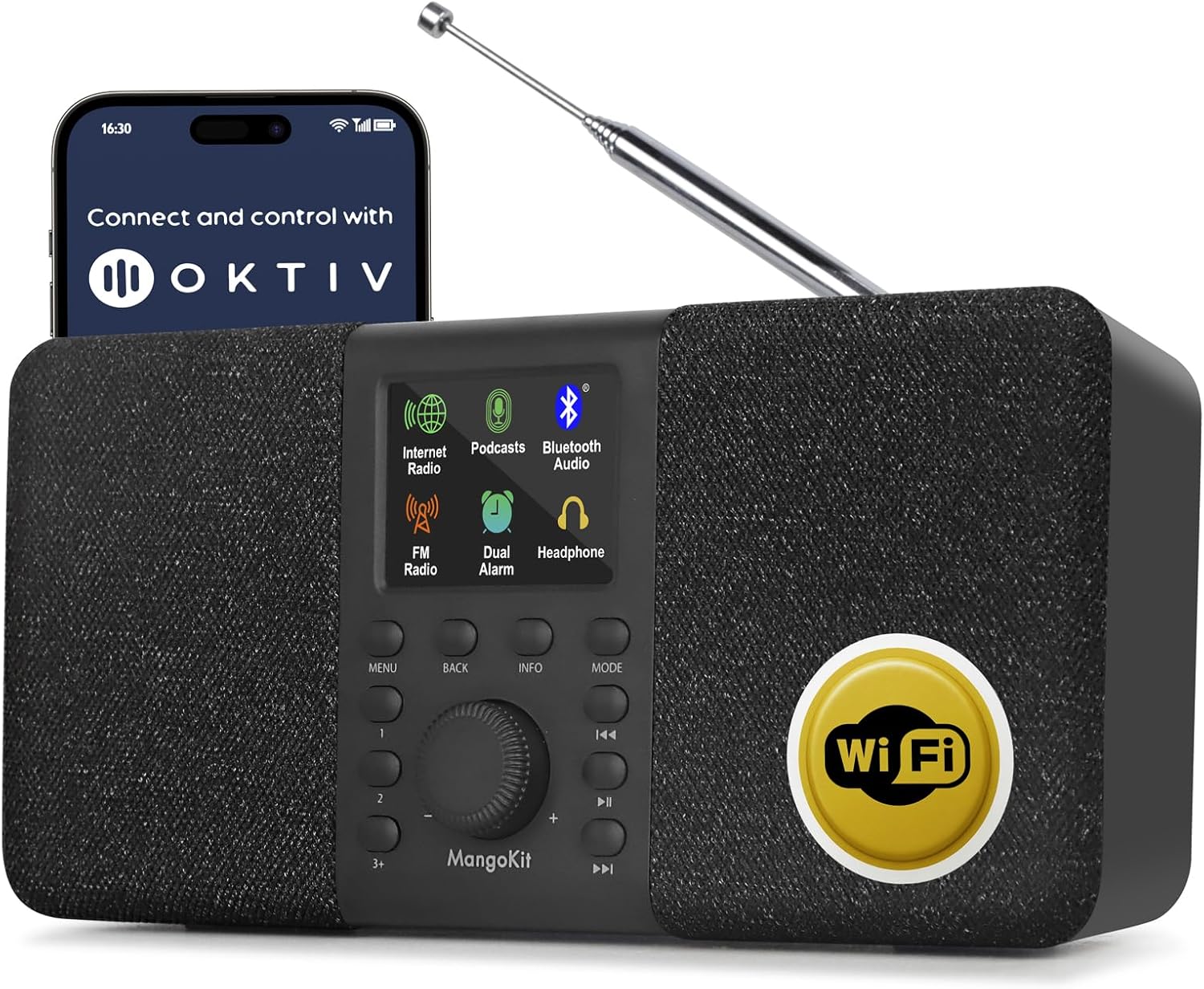 MangoKit SR20 Smart Internet Radio with WiFi,Podcast Player, Bluetooth Speaker,Portable FM Radio,Mains and Battery Powered Radio,Stereo Sound,Color Display,Dual Alarms, Presets,App Control-Black