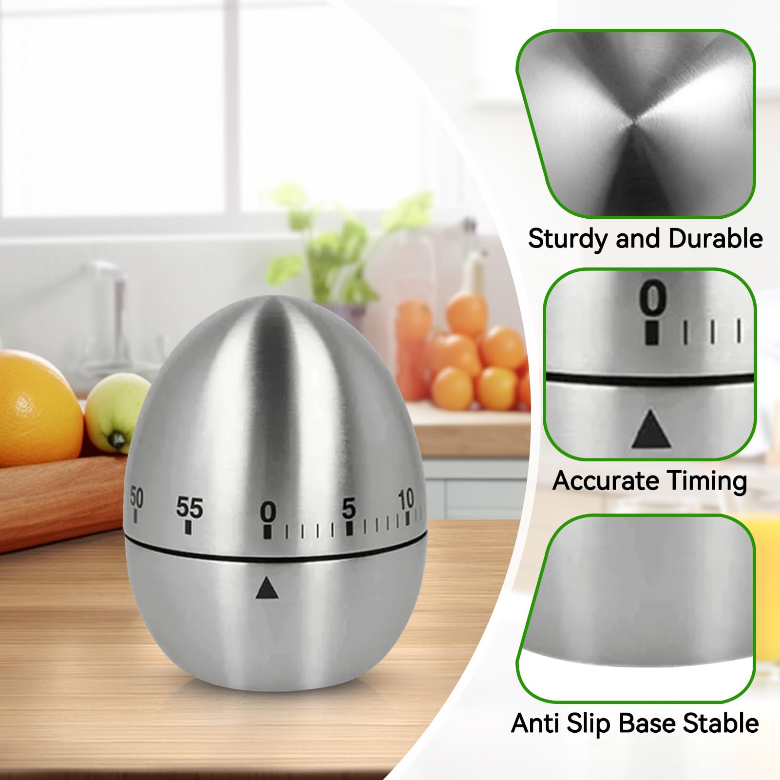 Stainless Steel Egg Timer, 60mins Count Down Rotating Kitchen Timer Mechanical Timer with Non Slip Base for Home Baking Student