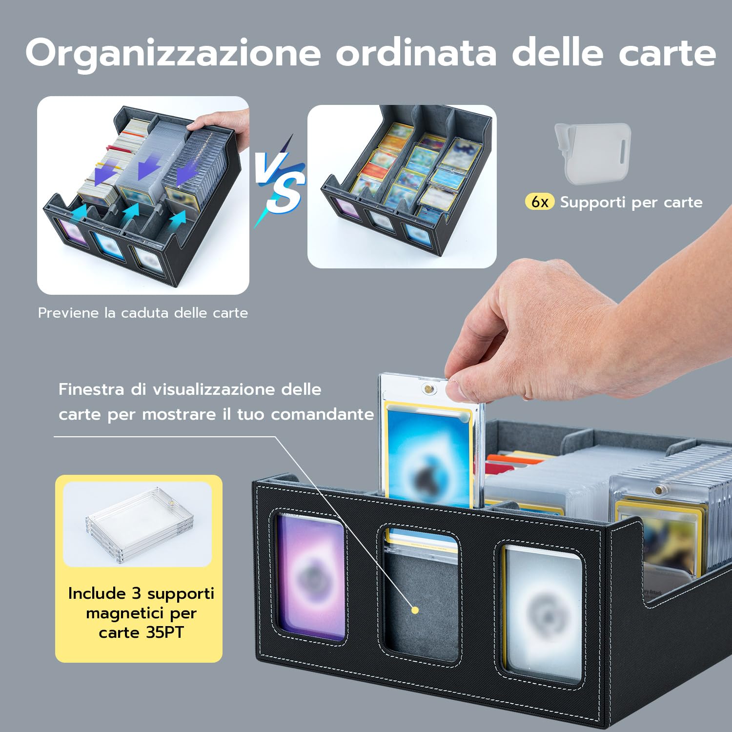 Commander Deck Box per MTG con 3 carte Magnetiche 35PT, Scatola per 1800+ Carte con 10 Divisori e 6 Clip, Adatta per Scatola Porta Carte Collezionabili Toploader da 3"x4" per Magic TCG–Nero