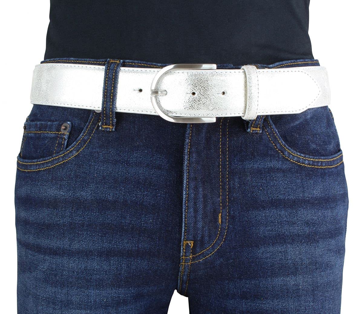 BELTINGER Damen-Gürtel mit Metall-Optik Echt Leder 4 cm | Leder-Gürtel Metallic-Look 40mm glänzend | Metall-Ledergürtel mit runder Gürtelschnalle