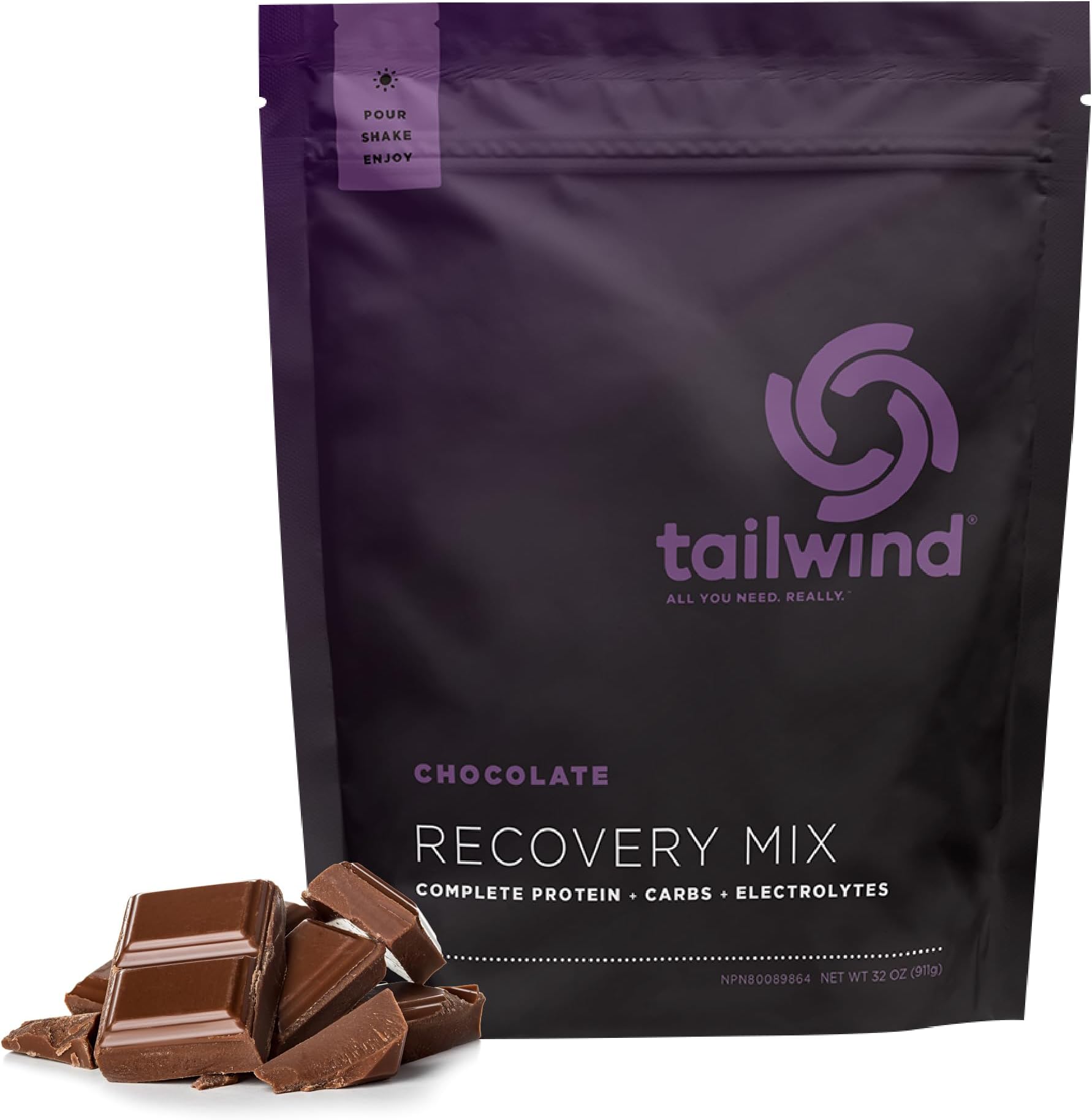 Tailwind Nutrition Rebuild Recovery Chocolate Drink Mix 15 Serving Pouch - Complete Protein, Electrolytes and Carbohydrates - Vegan, Gluten-Free, No Soy or Dairy