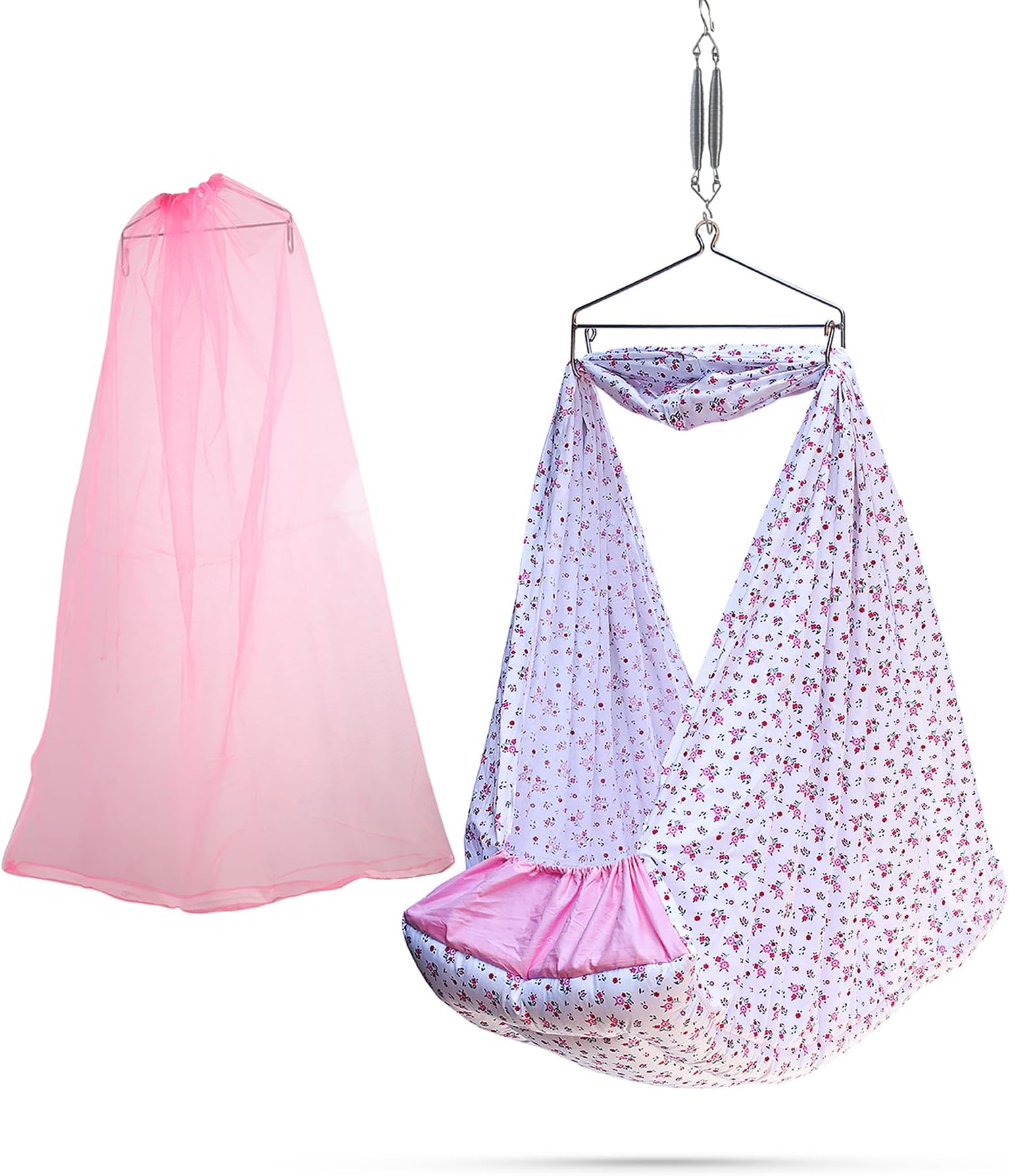beetotCotton New Born Baby Swing Cradle (Jhula) | Cradle Cloth With Removable Mattress Bed, Mosquito Net, Weight Capacity Up To 20Kg | Age From 0-12 Months (Floral Pink)