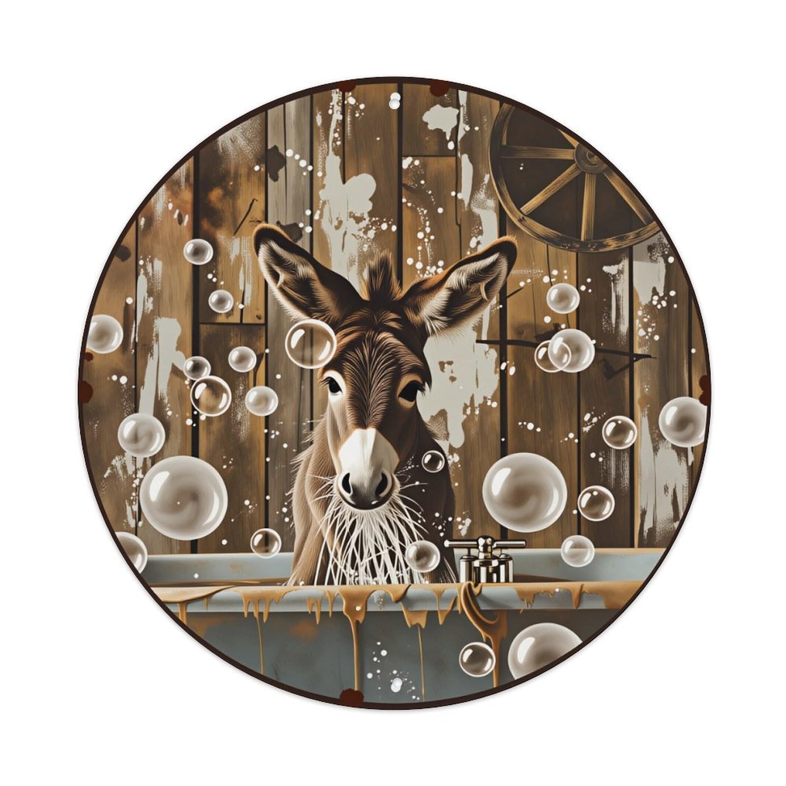 Donkey In Bathtub With Bubbles Round Tin Sign Vintage Style Metal Sign Home Bar Garden Wall Plaque Decor Metal Poster 8x8 Inch
