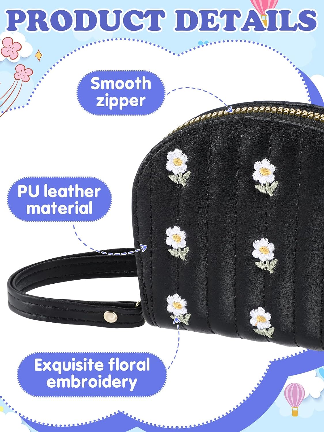 Daisy Embroidery Girls Wallet - Money Saving for 6-14 Teen Birthday Gifts, Black