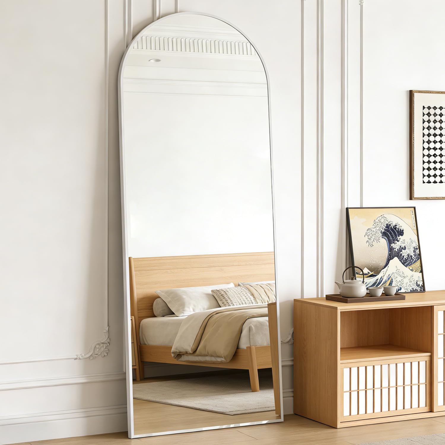 Espejo de piso arqueado de 162 x 53 cm, espejo de pared completo con marco de aluminio, espejos de tocador arqueados colgados o inclinados para el dormitorio de la sala de estar, blanco