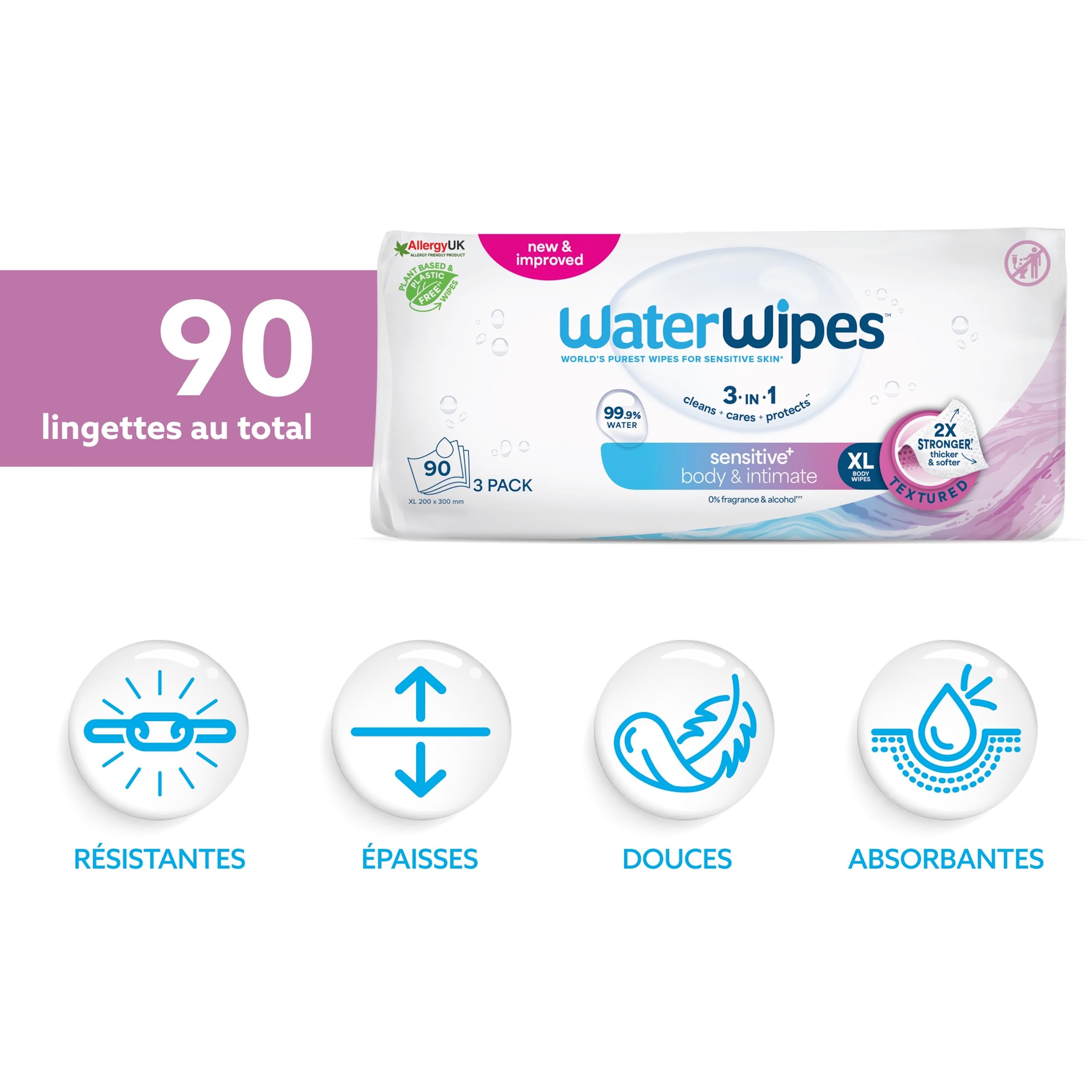 WaterWipes Sensitive+ Body & Intimate Wipes, Hygiène Corporelle et Intime, 90 lingettes (3 paquets), 3-en-1 nettoie, soigne, protège, 99,9% d'eau, lingettes humides non parfumées, Adult Care - 3