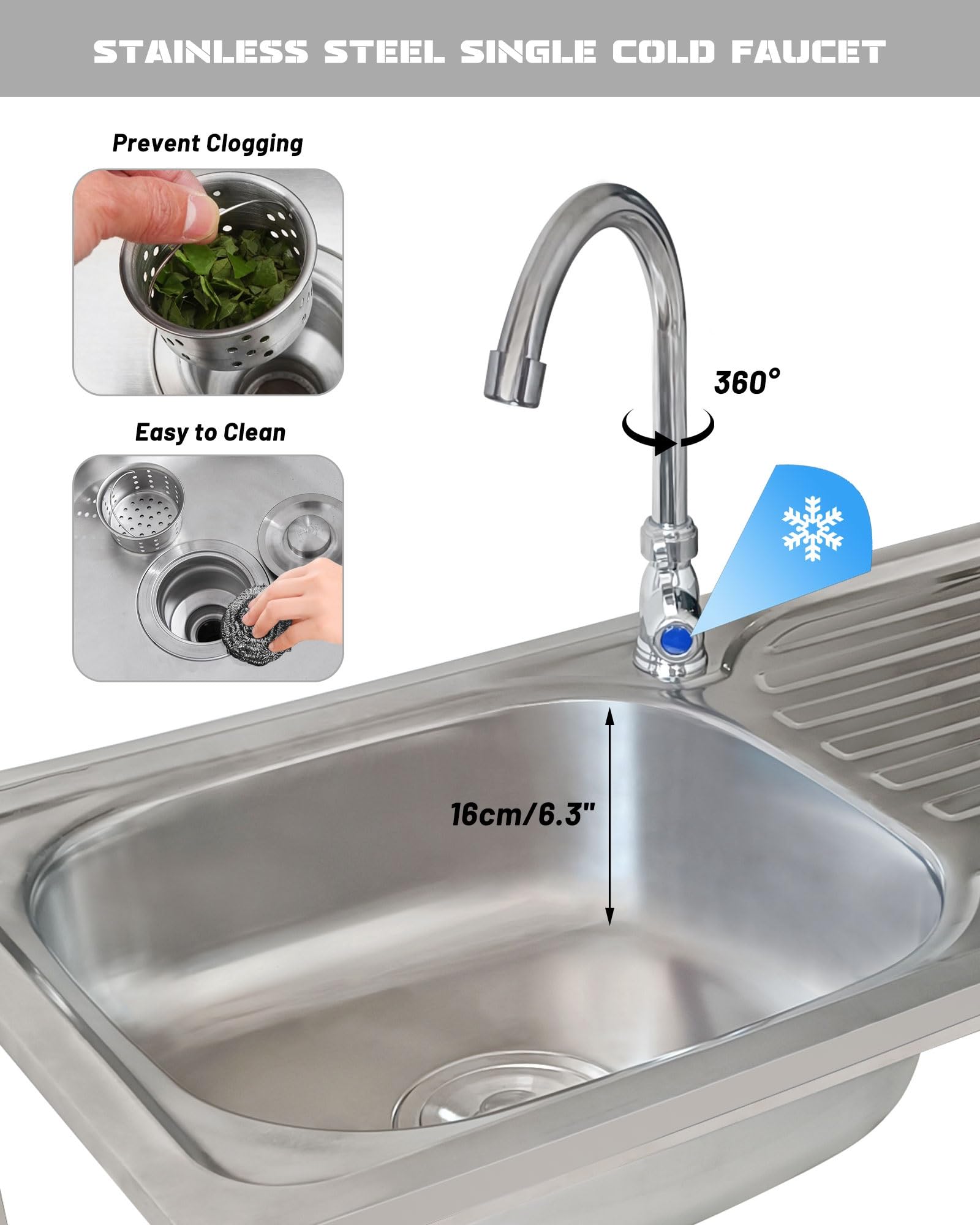 Edelstahl Werkstatt Waschbecken Outdoor Spülbecken Küche Spüle Freistehend Spültisch Mit Wasserhahn Für Camping/Garage/Waschküche Gewerbliche Restaurantspüle Leicht Zu Reinigen(75x40xH75cm)