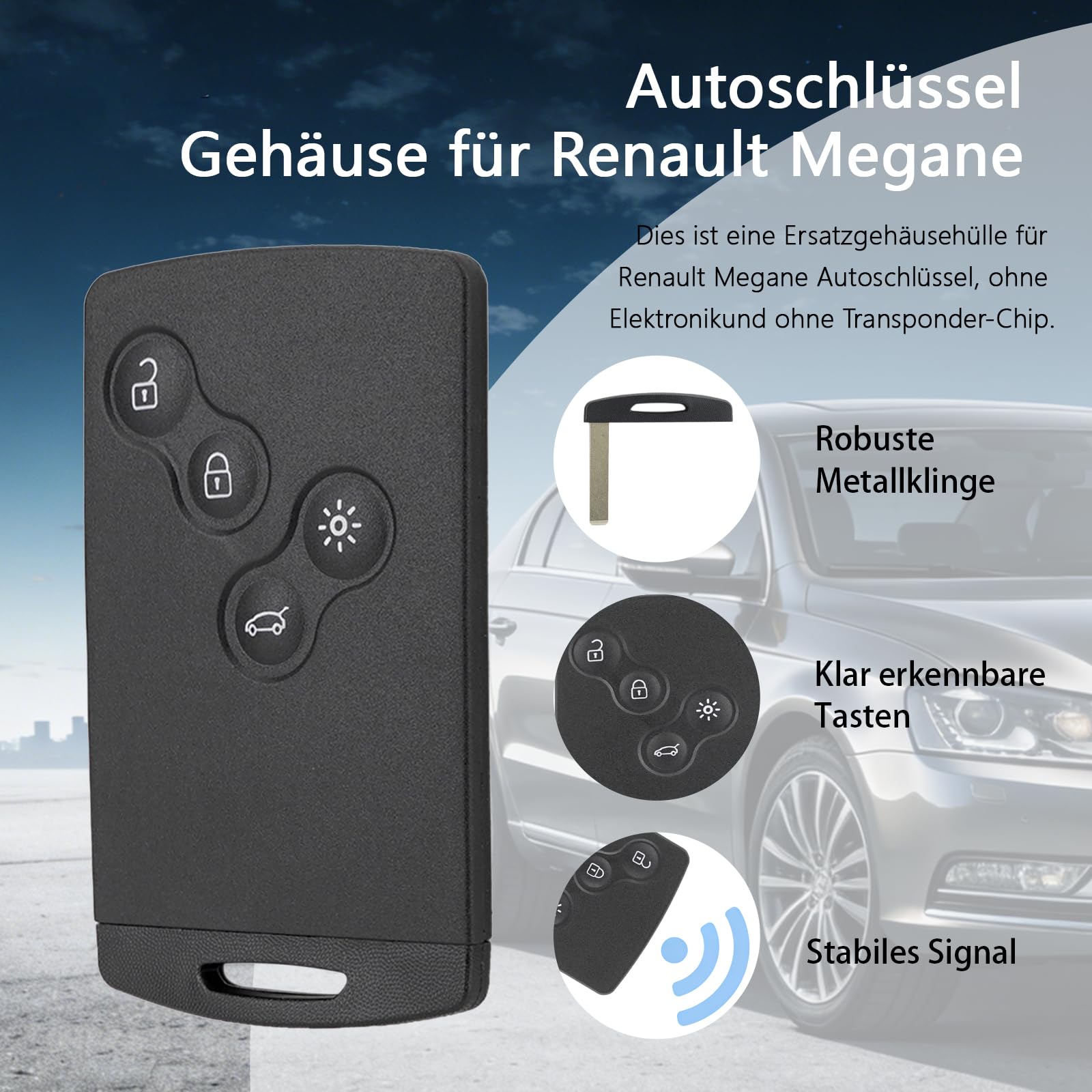 Autoschlüssel Fernbedienung kompatibel mit Renault Megane 3 Laguna 3 Scenic, 4 Tasten, 433 MHz, ID46 PCF7952 Chip, 2007-2016