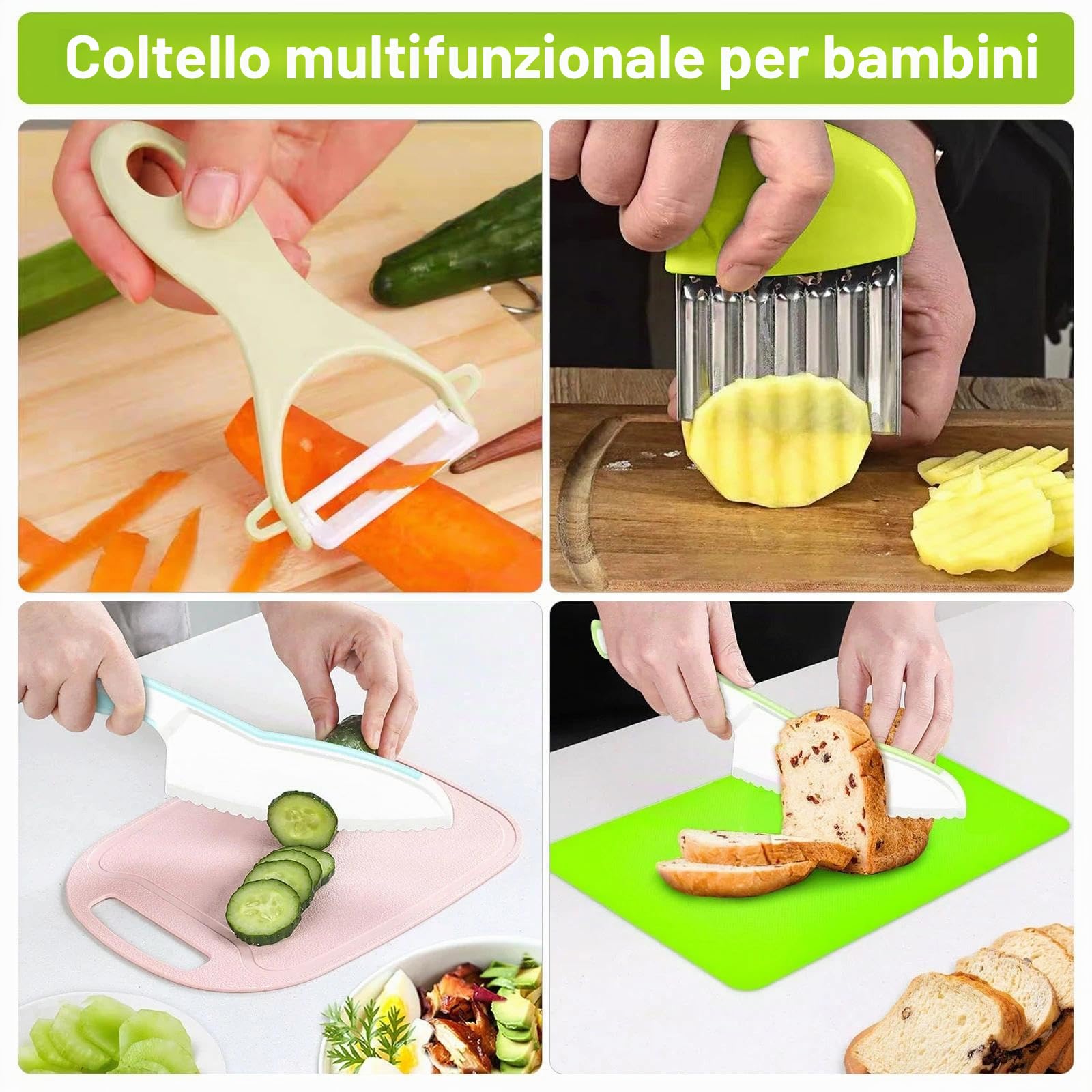 Set di Coltello da Cucina per Bambini - 5 Pezzi Coltelli di Sicurezza per Bambini, Reale Set Cucina per Tagliare Frutta e Verdura, Ideale per Cucina in Casa
