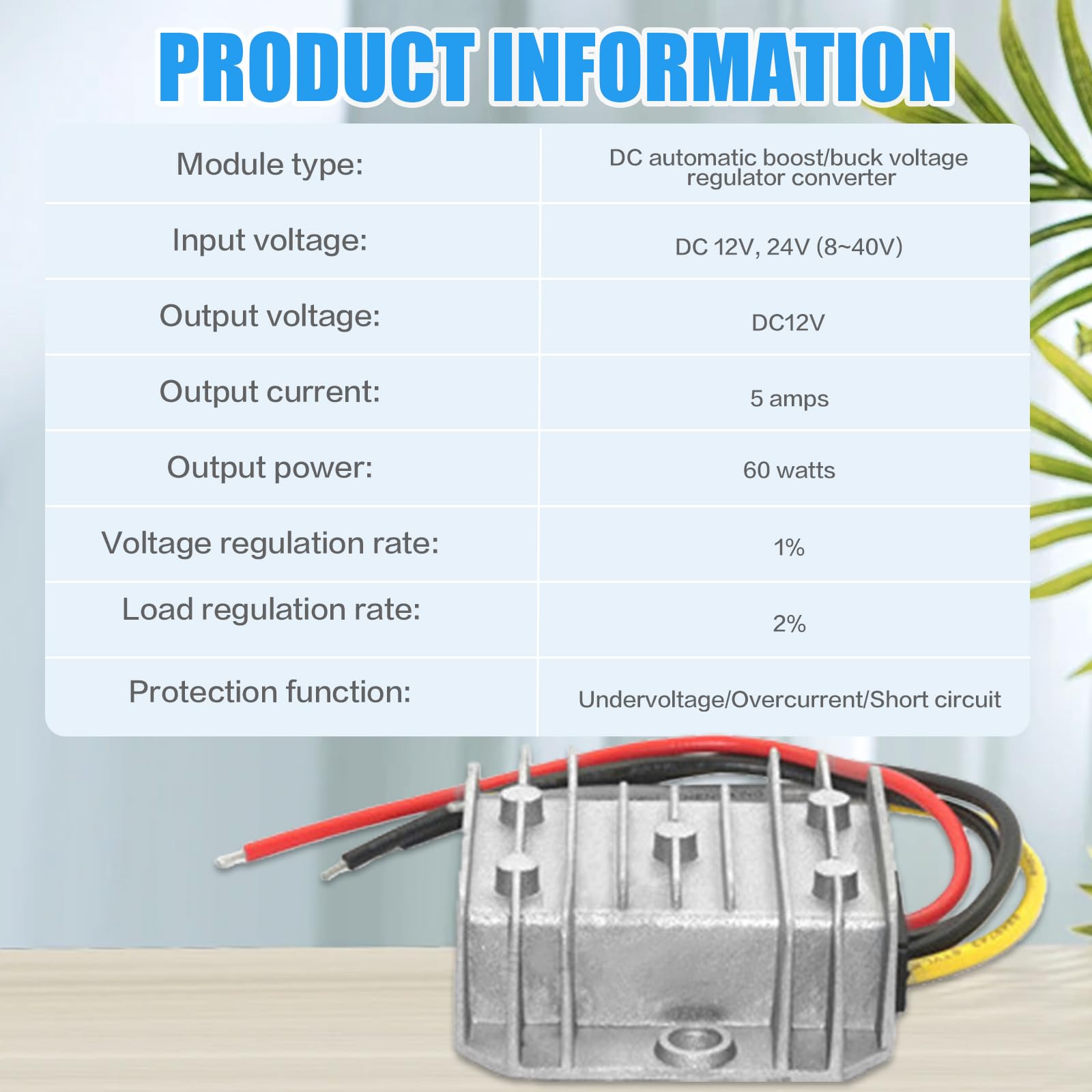 Przetwornica napięcia DC 8 V-40 V na 12 V 5 A 60 W, automatyczny regulator napięcia Step Up Down DC, wodoszczelność IP68, stabilizator napięcia 12 V i ogranicznik napięcia do silnika wentylatora