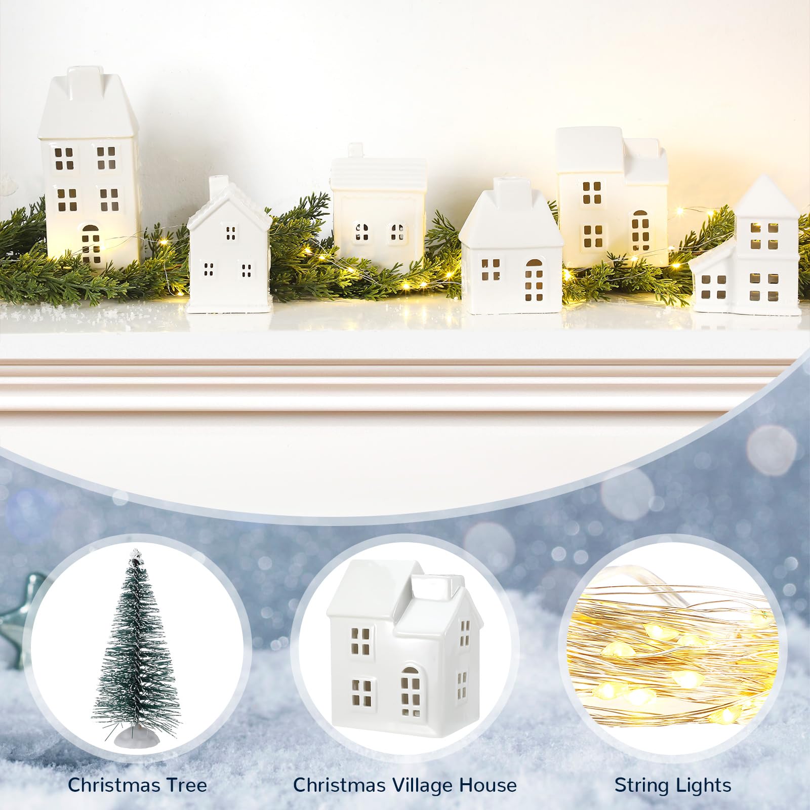 Blueweenly 16-teiliges Keramik-Weihnachtsdorf-Set beinhaltet 6 weiße Porzellan-Dorfhäuser, 9 Weihnachtsbäume und 50 LED-Lichter mit Fernbedienung für Weihnachten, Urlaub, Kaminsims,