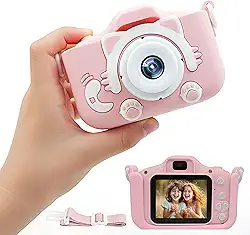 Câmera Digital Infantil Portátil Fofa - Fotos e Vídeos, Filtros, Molduras e Jogos, Suporta Cartão Micro-SD, Bateria Recarregável USB, Cordão de Pescoço e Case Antichoque para Crianças (Gatinho Rosa)