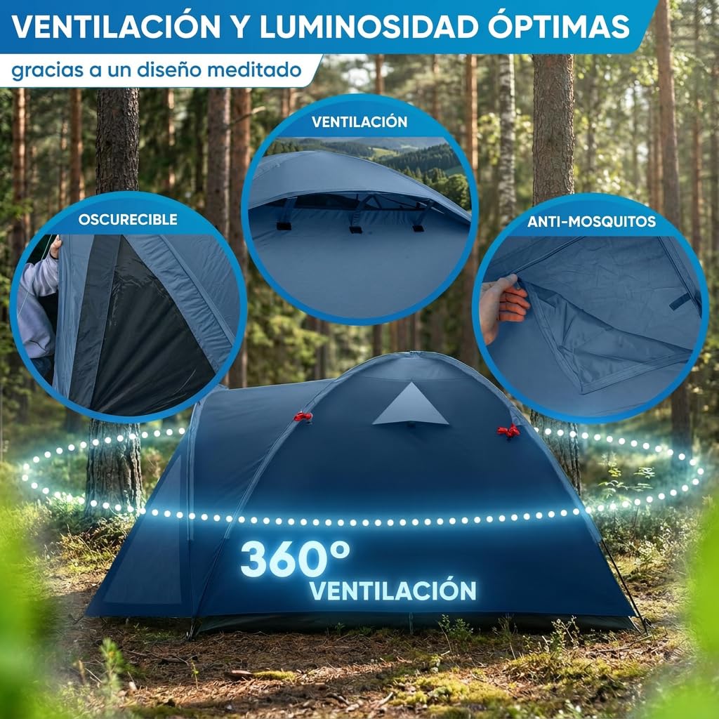 NORDMUT® Tienda de Camping 4 Personas Impermeable & Ligera – Tienda Cúpula con Vestíbulo Cerrable – Tienda 2-4 Personas con Excelente Circulación de Aire & Tamaño Compacto