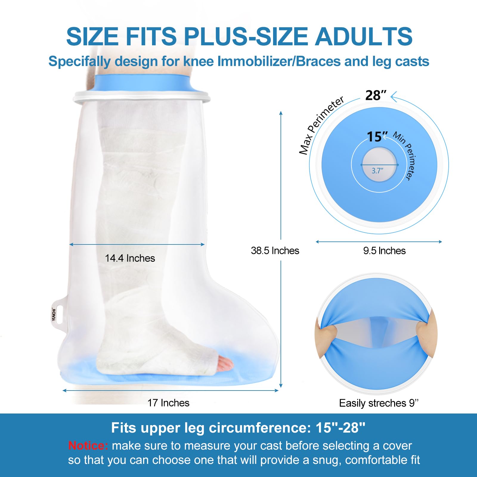 YUNCHI Duschschutz Bein Lang Erwachsene Anti Slip XL Gipsschutz Wasserdicht Wiederverwendbar Verbandschutz Für Orthese Blocks Fixateur Oberschenkel Knie Gips Gipsbinden (Langer Beinprotektor XL)