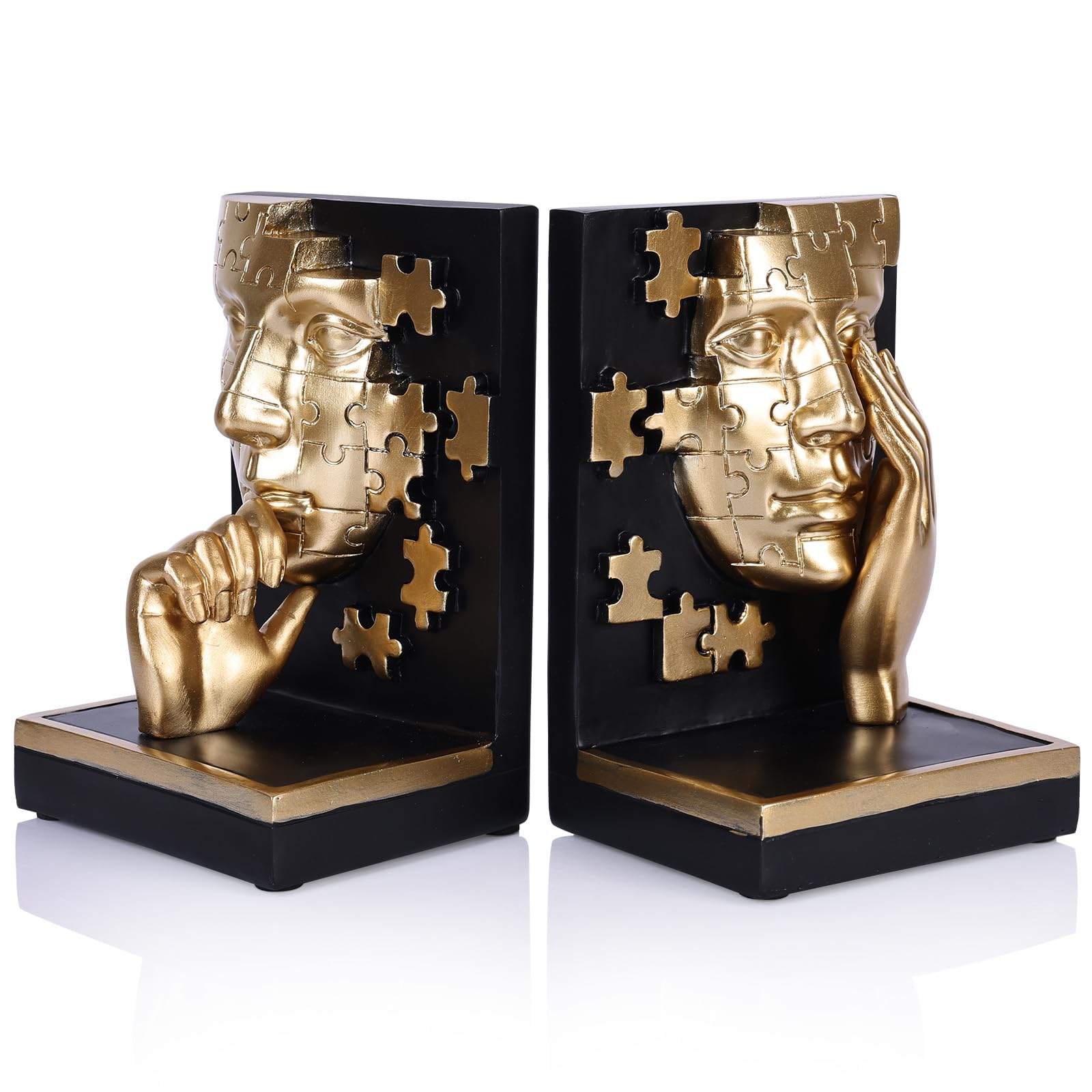 Moderne einzigartige Denker-Bücherregal-Buchstützen von Set 2 – cooles schwarz-goldenes ausgefallenes Gesicht Buchstützen für Regalzubehör, Bürotisch, Heimdekoration