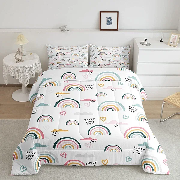 Erosebridal Rainbow Bedding Set for Kids Girls, Pink Love Heart Comforter Set Queen Size Cartoon Cloud Geometric Stripes Bedding Comforter for Boys Children Women Watercolor Art Girly Duvet Sets