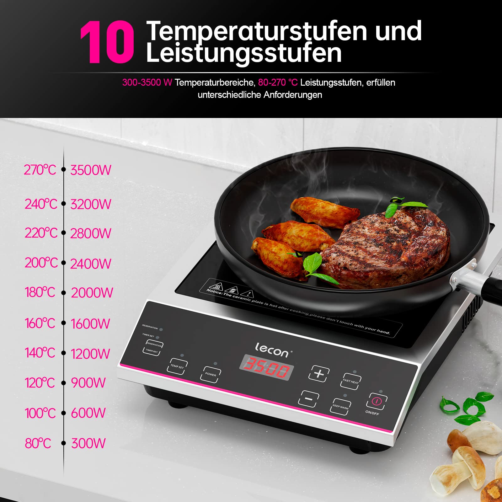 Lecon - Piano cottura a induzione, 3500 W, con timer on/off e funzione isolante, grande capacità di carico 50 kg, alloggiamento in acciaio inox, controllo della temperatura, piano cottura