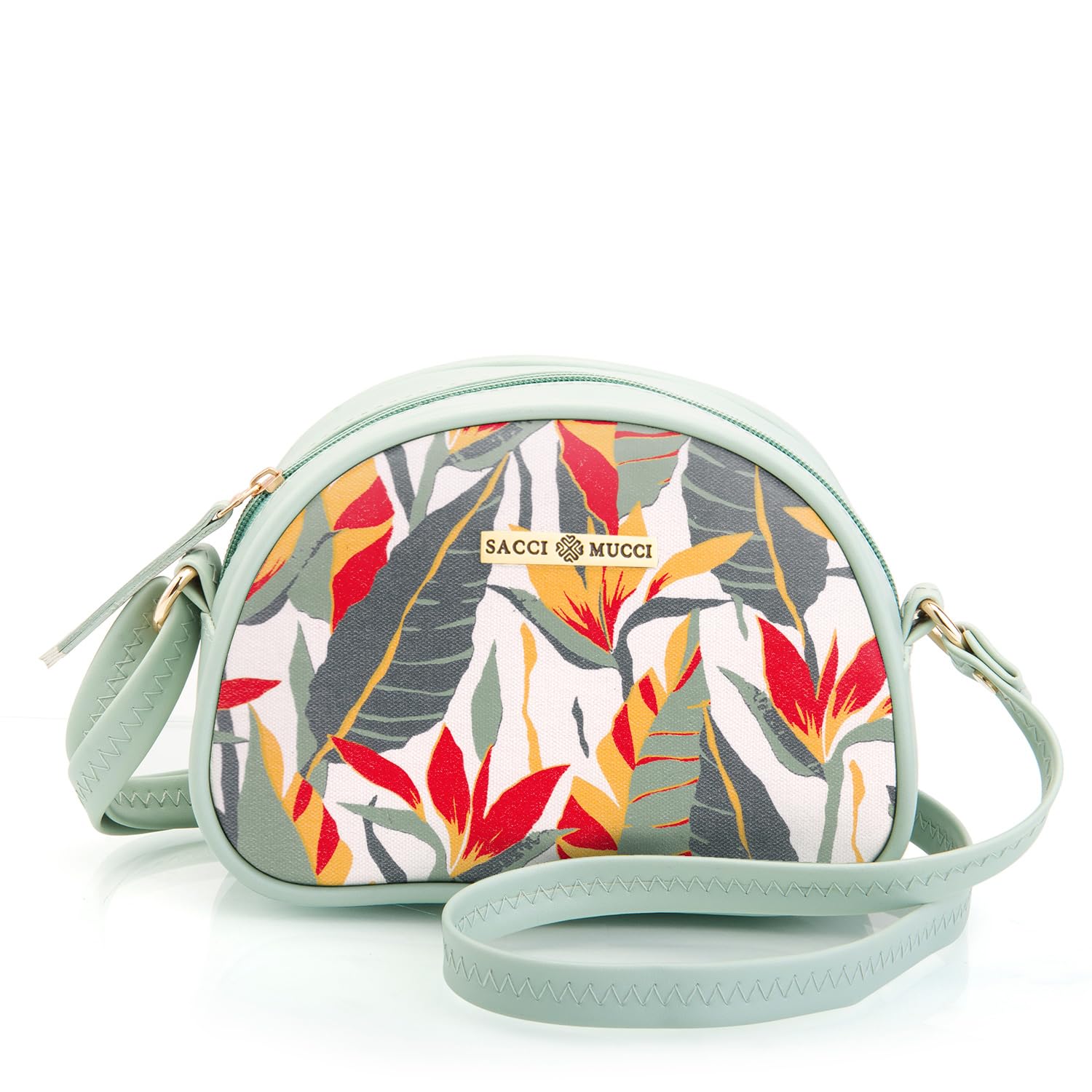 SACCI MUCCI Sling Crossbody Bag for Girls and Women | Made with Durable Vegan Leather and Handprinted Canvas Material | Zip Closure - Exotic Jungle (Mint Green) (B0CP14XF3C) Amazon Price History, Amazon Price Tracker