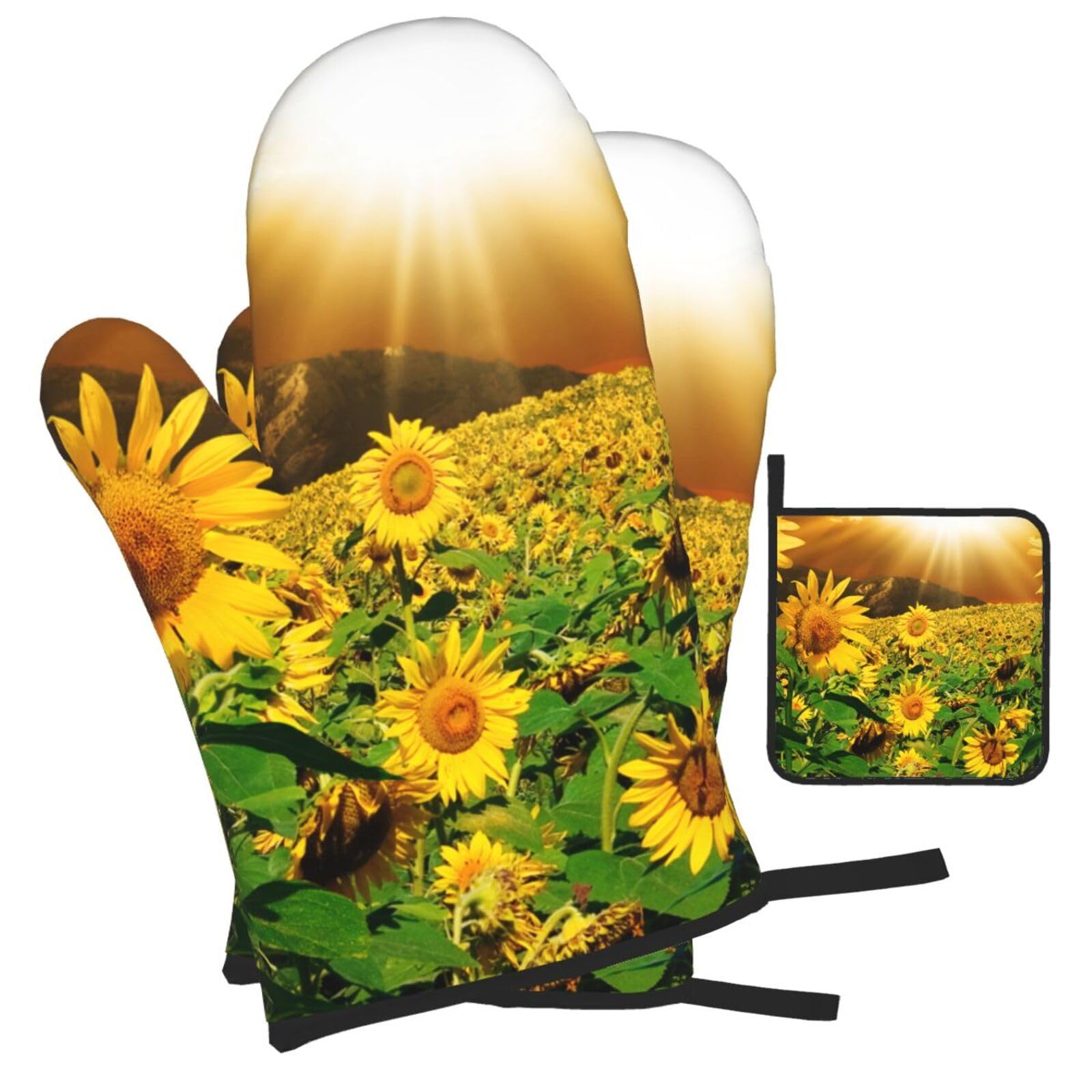 Yellow Sunflower Blooming Printed Oven Mitts and Pot Holders Heat Resistant Set of 3 Pcs, Modern Kitchen Gloves & Potholders for Cooking Baking Grilling
