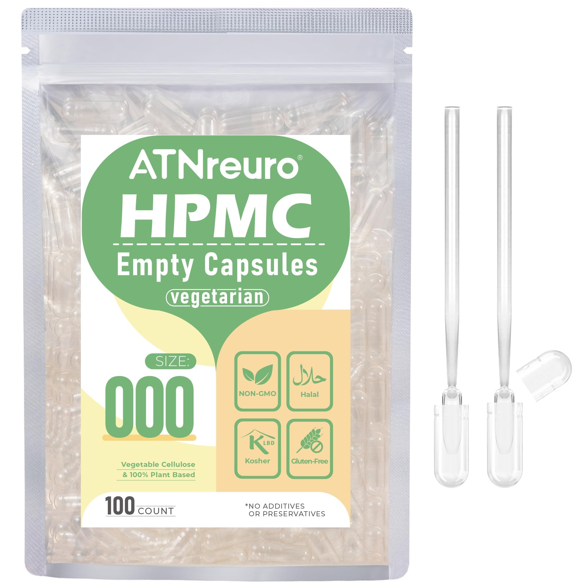 ATNreuro Cápsulas vegetarianas vazias tamanho 000 de HPMC com 2 microcolheres, 100 unidades